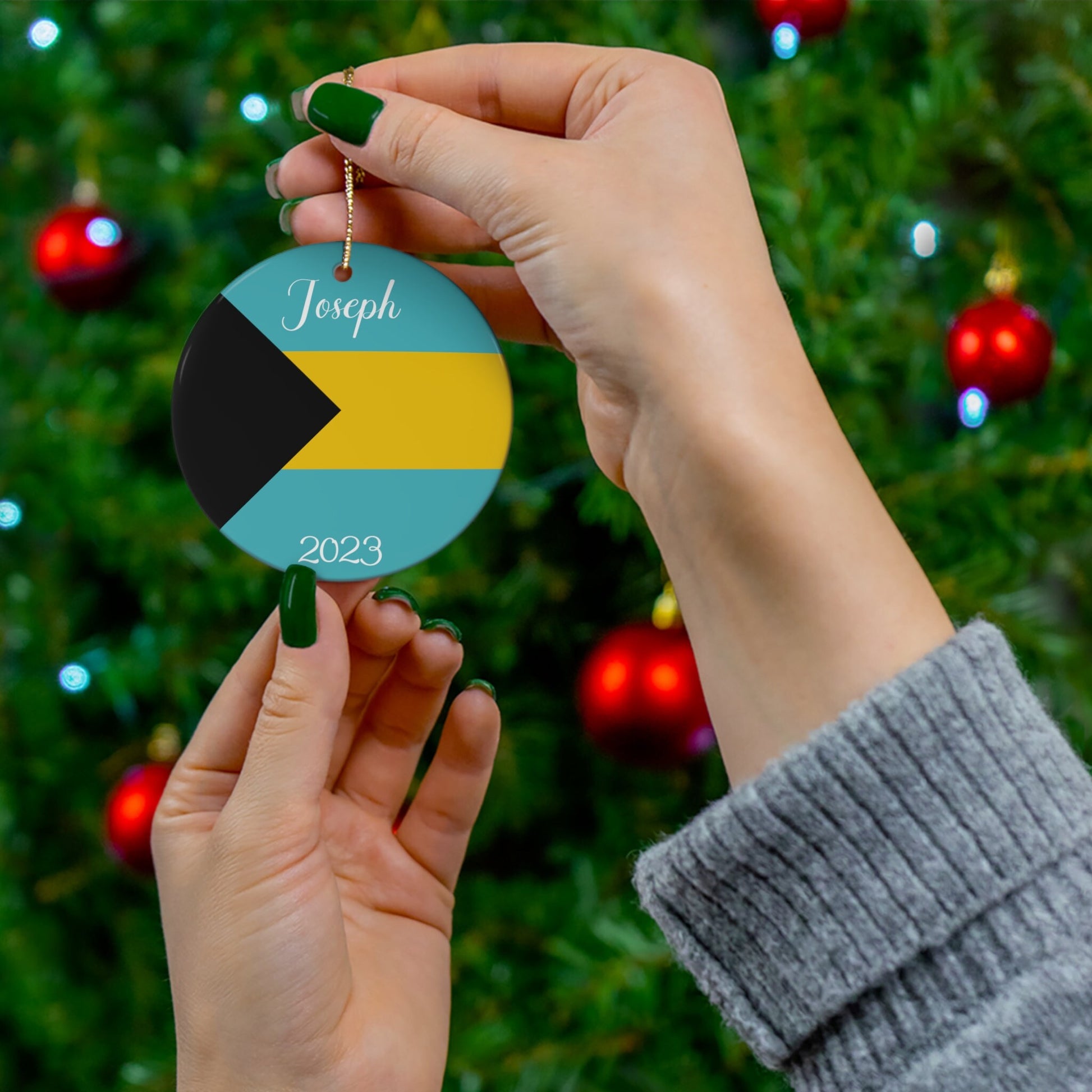 Personalized The Bahamas Ceramic Ornament Christmas Decor Holiday Decoration Bahamian Flag Print Nassau World Travel Caribbean Gift Souvenir