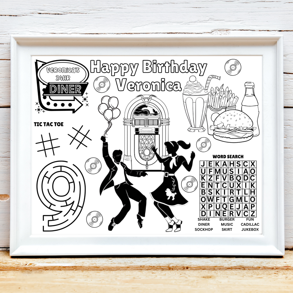 Personalized Retro 50's Diner Themed Birthday Placemat, Sock Hop 1950's Themed Coloring Page