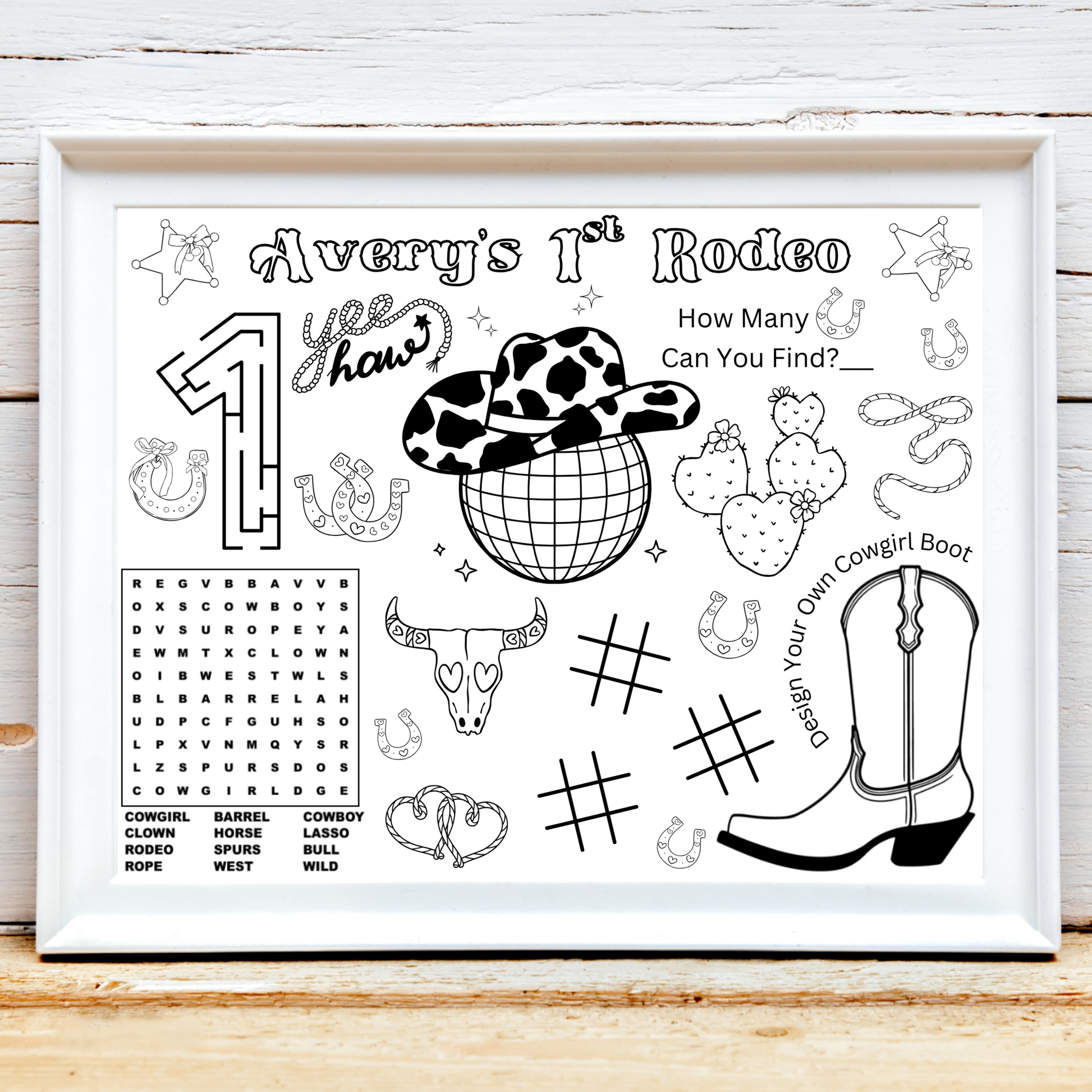 Disco Cowgirl Birthday Activity Placemat, Disco Space Cowgirl Rodeo Party Favor