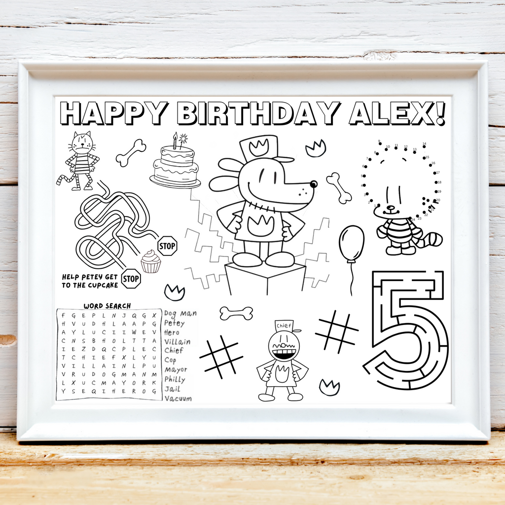 Personalized Dog Man Birthday Activity Placemat, Custom Dog Man Party Favor, Comic Book Character Party Games