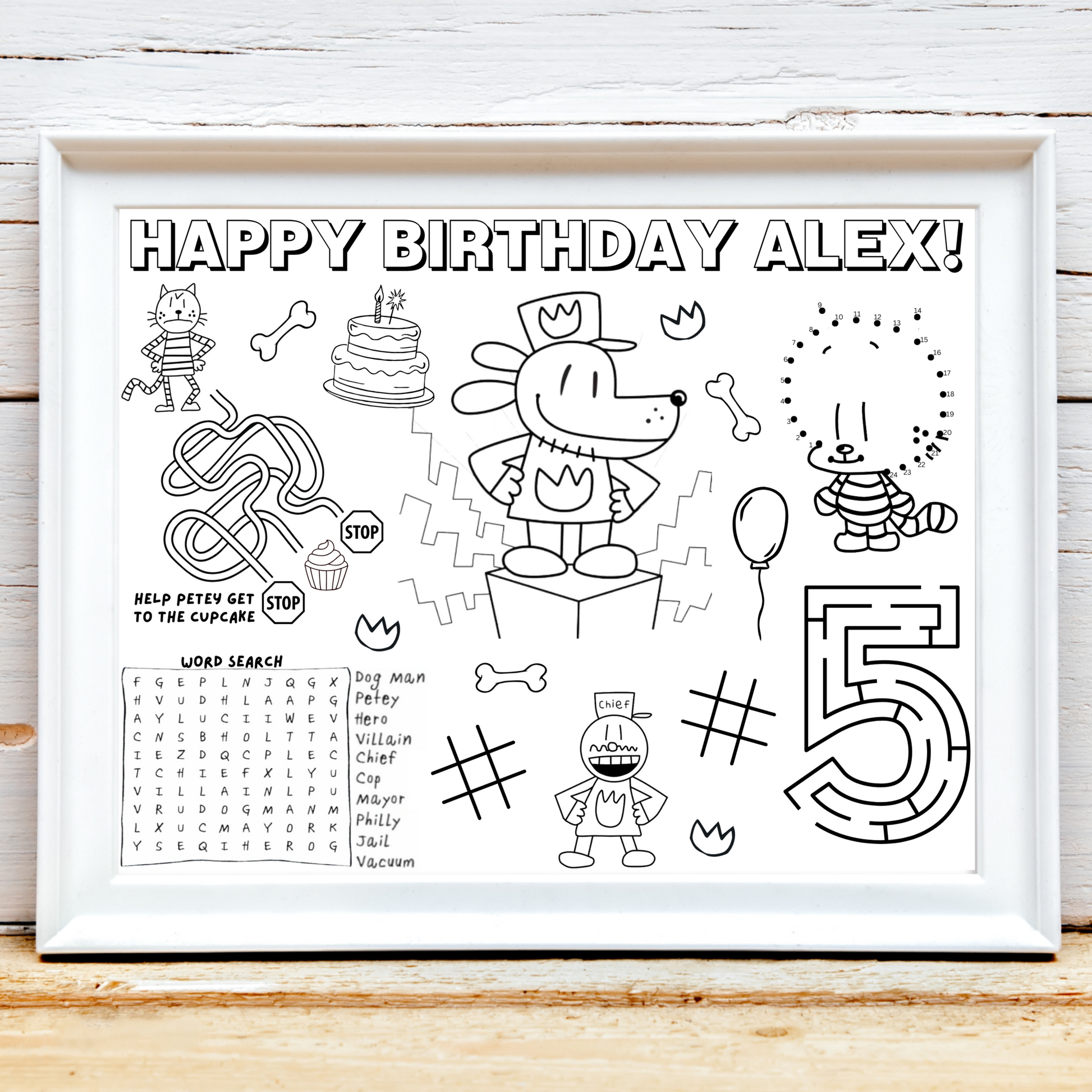 Personalized Dog Man Birthday Activity Placemat, Custom Dog Man Party Favor, Comic Book Character Party Games