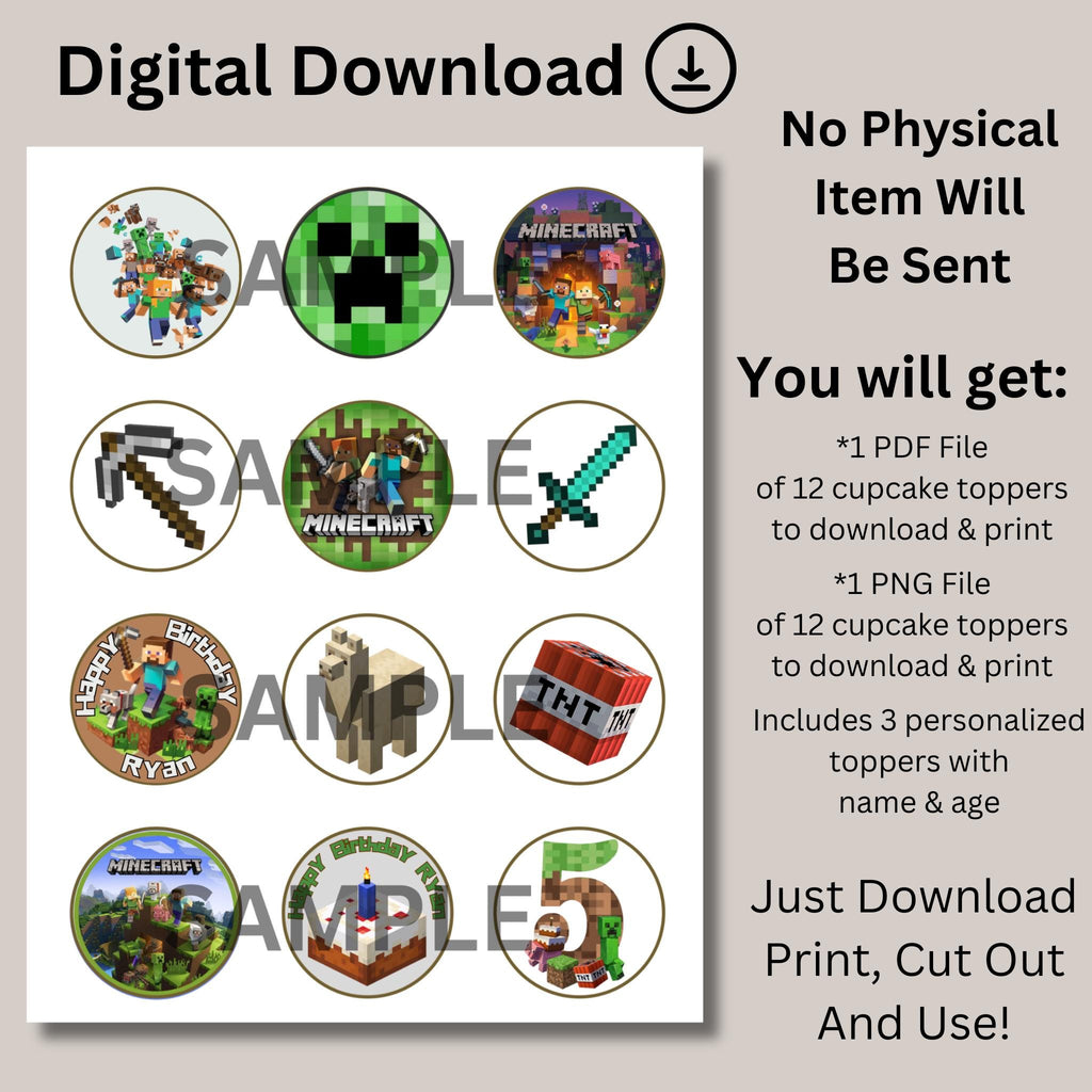 Personalized Minecraft Cupcake Toppers, Mincraft Birthday Theme Cupcake Topper Decorations