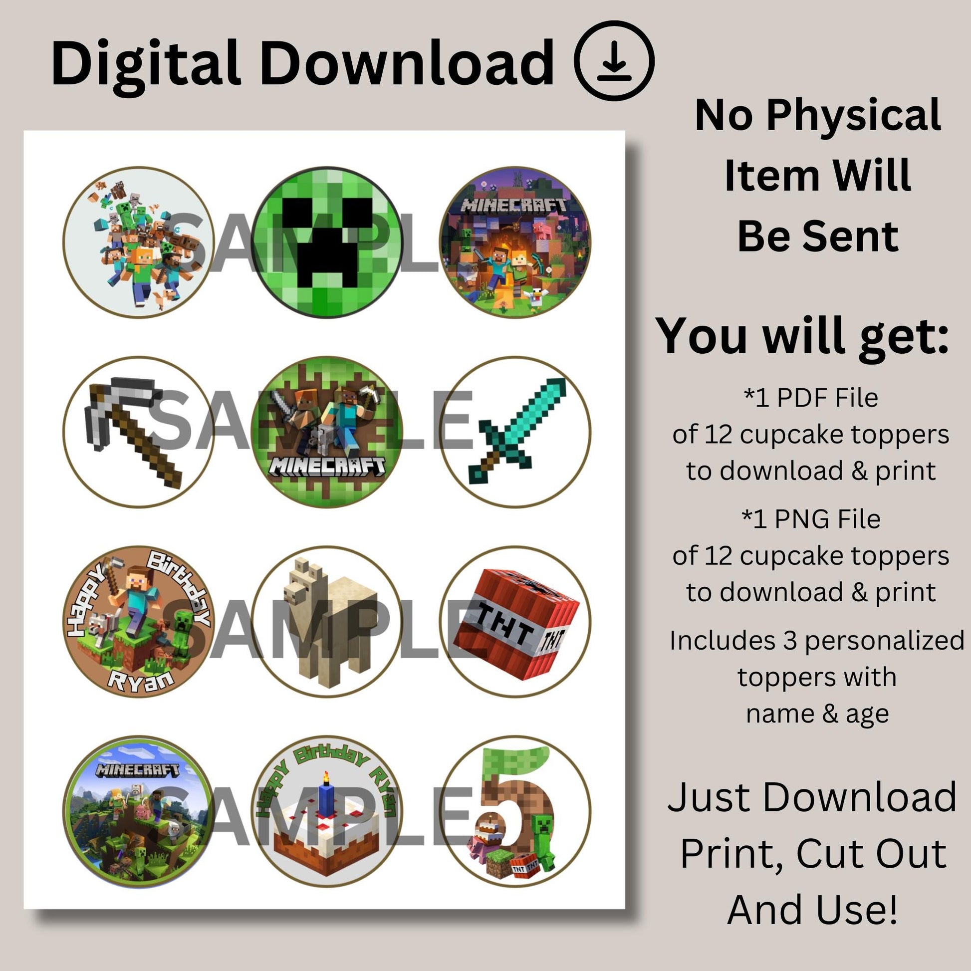 Personalized Minecraft Cupcake Toppers, Mincraft Birthday Theme Cupcake Topper Decorations