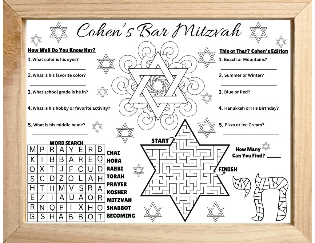 Personalized Bar Mitzvah Placemat, Kids Bar Mitzvah Activity Sheet, Bar Mitzvah Games, Bar Mitzvah Party Favors, Jewish Party Coloring Page