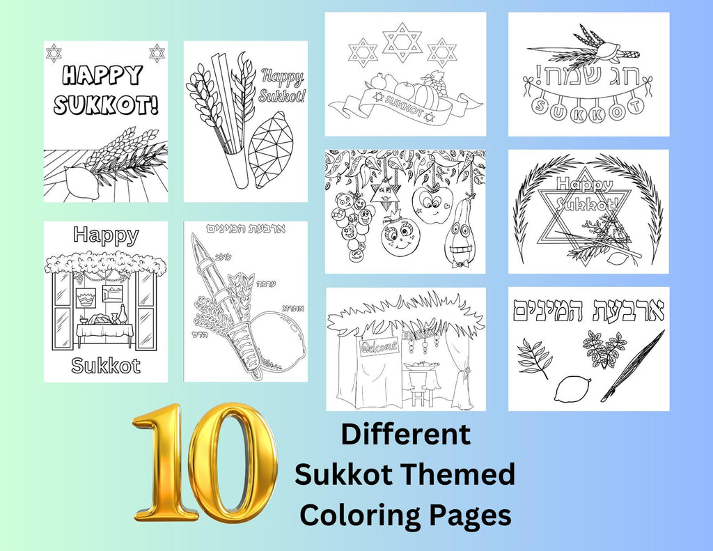 20 Sukkot Coloring Activity Pages, Jewish Holiday Learning, Jewish Activity Book, High Holidays Coloring Page, Sukkot Printable, Sukkot Kids