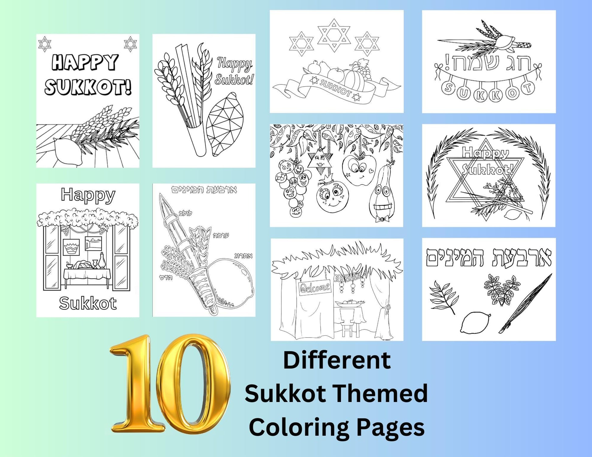 20 Sukkot Coloring Activity Pages, Jewish Holiday Learning, Jewish Activity Book, High Holidays Coloring Page, Sukkot Printable, Sukkot Kids