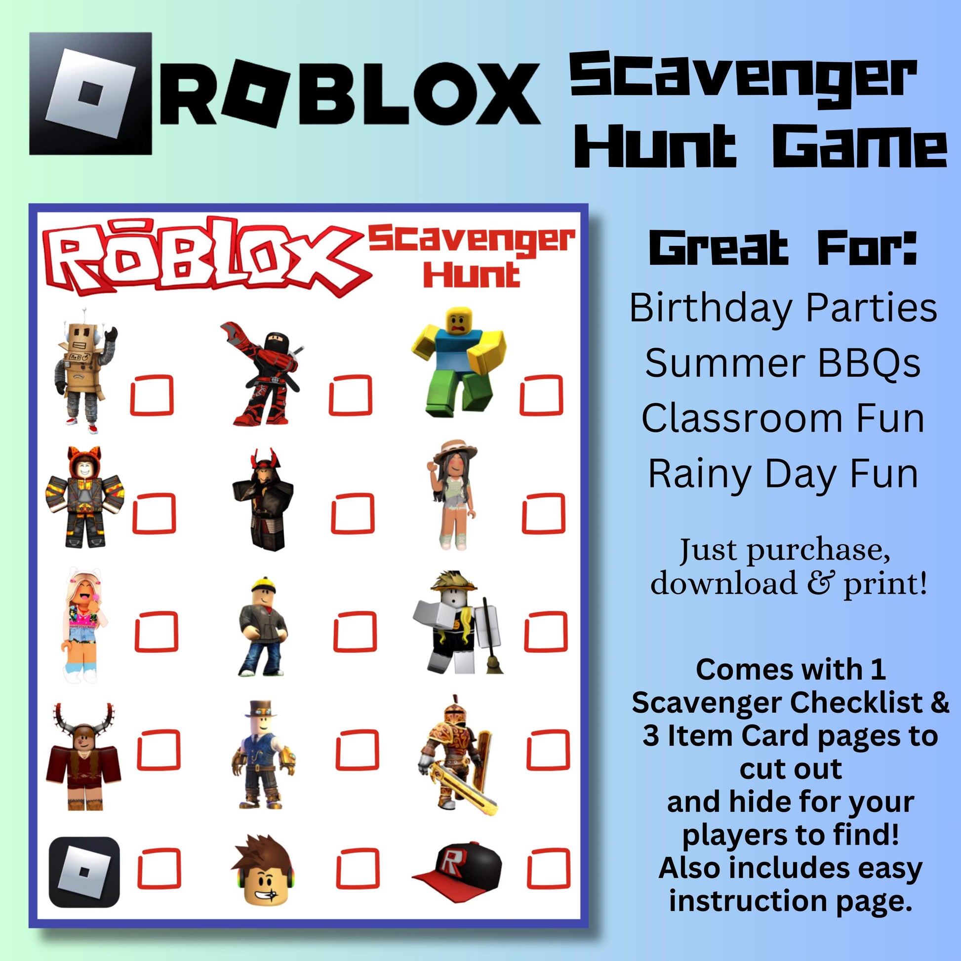 Roblox Inspired Scavenger Hunt Game, Printable Gamer Scavenger Hunt, Roblox Party, Roblox Inspired Treasure Hunt