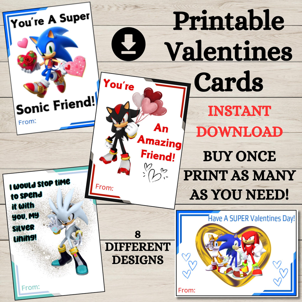 Printable Sonic Valentine Cards, Instant Download Valentines Day Card Bundle, Hedgehog Classroom Valentines, Sonic Kids valentine cards