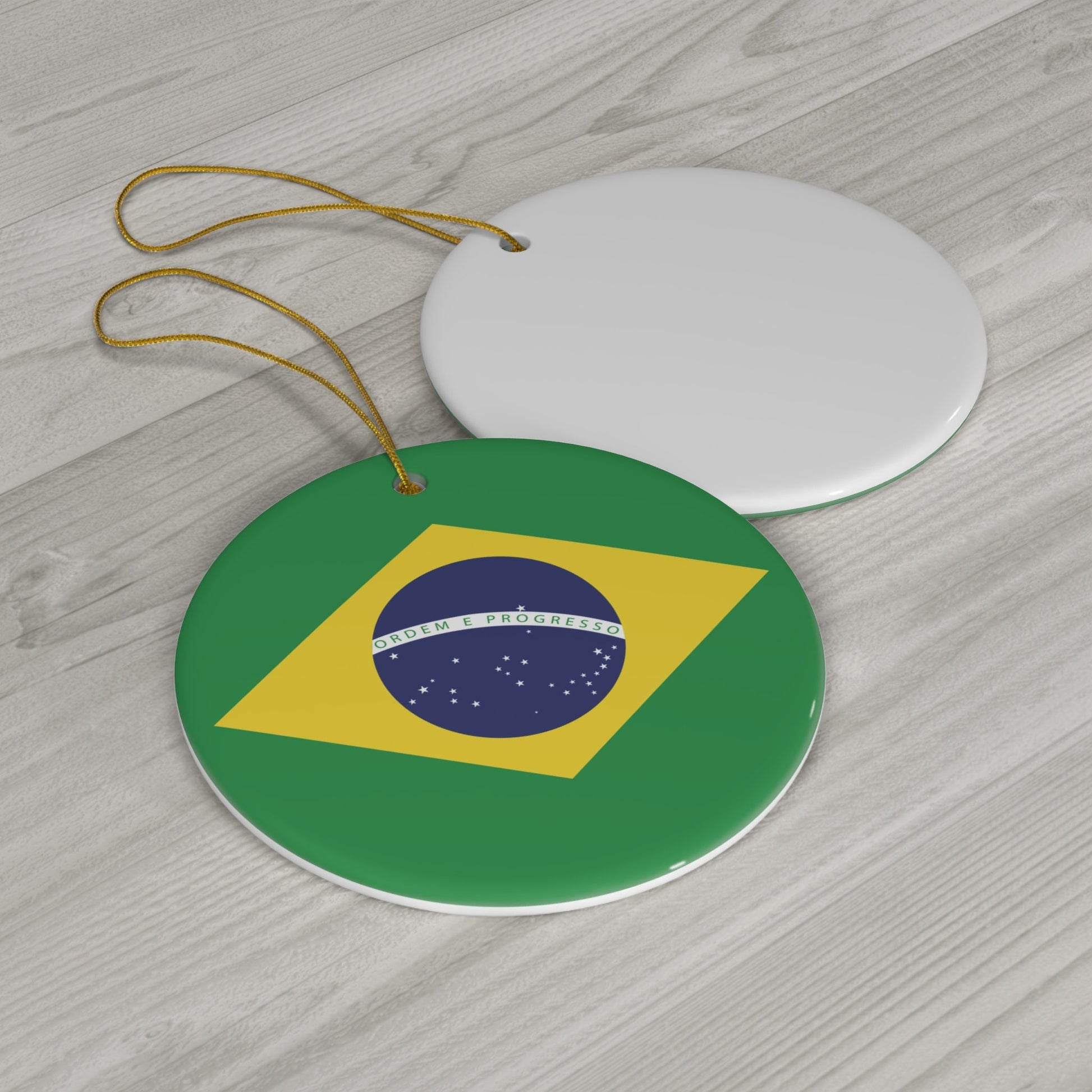 Personalized Brazil Brazilian Flag Green Yellow Blue Round Porcelain Ceramic Custom Christmas Ornament Gift Decoration Holiday World Travel