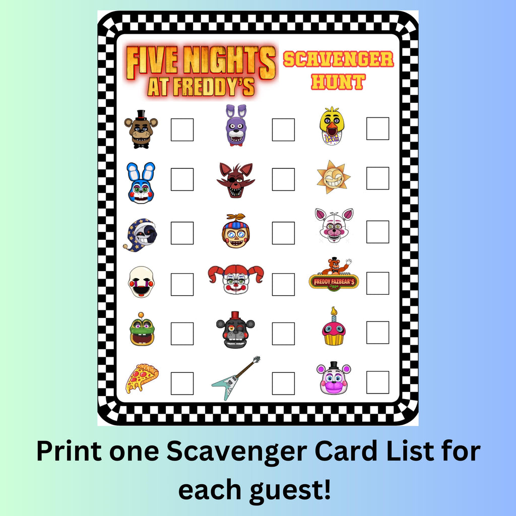 FNAF Scavenger Hunt Game, Printable FNAF Party Game, Freddy Fazbear Scavenger Hunt, FNAF Pizza Party Favors, Five Nights Instant Download