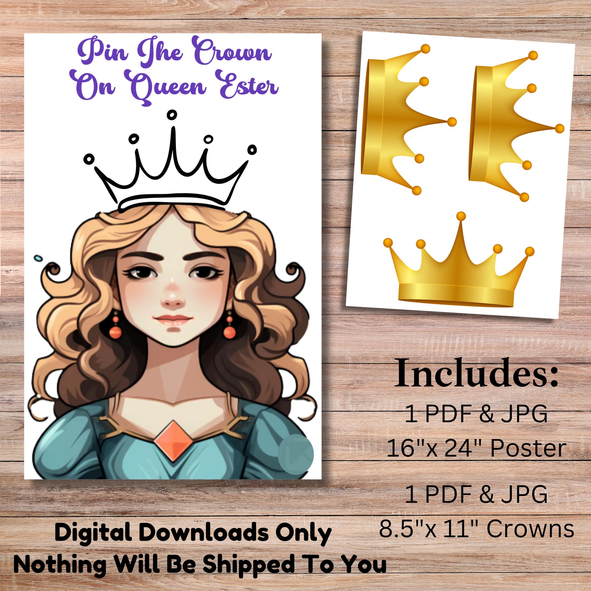 Purim Pin The Crown on Queen Ester Game, Printable Purim Party Game, Instant Download Purim Game, Purim Party Decor, Jewish Game, Jewish Fun