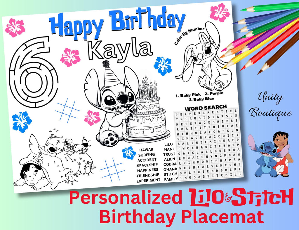 Personalized Stitch Birthday Activity Placemat, Custom Lilo & Stitch Birthday Coloring Sheet