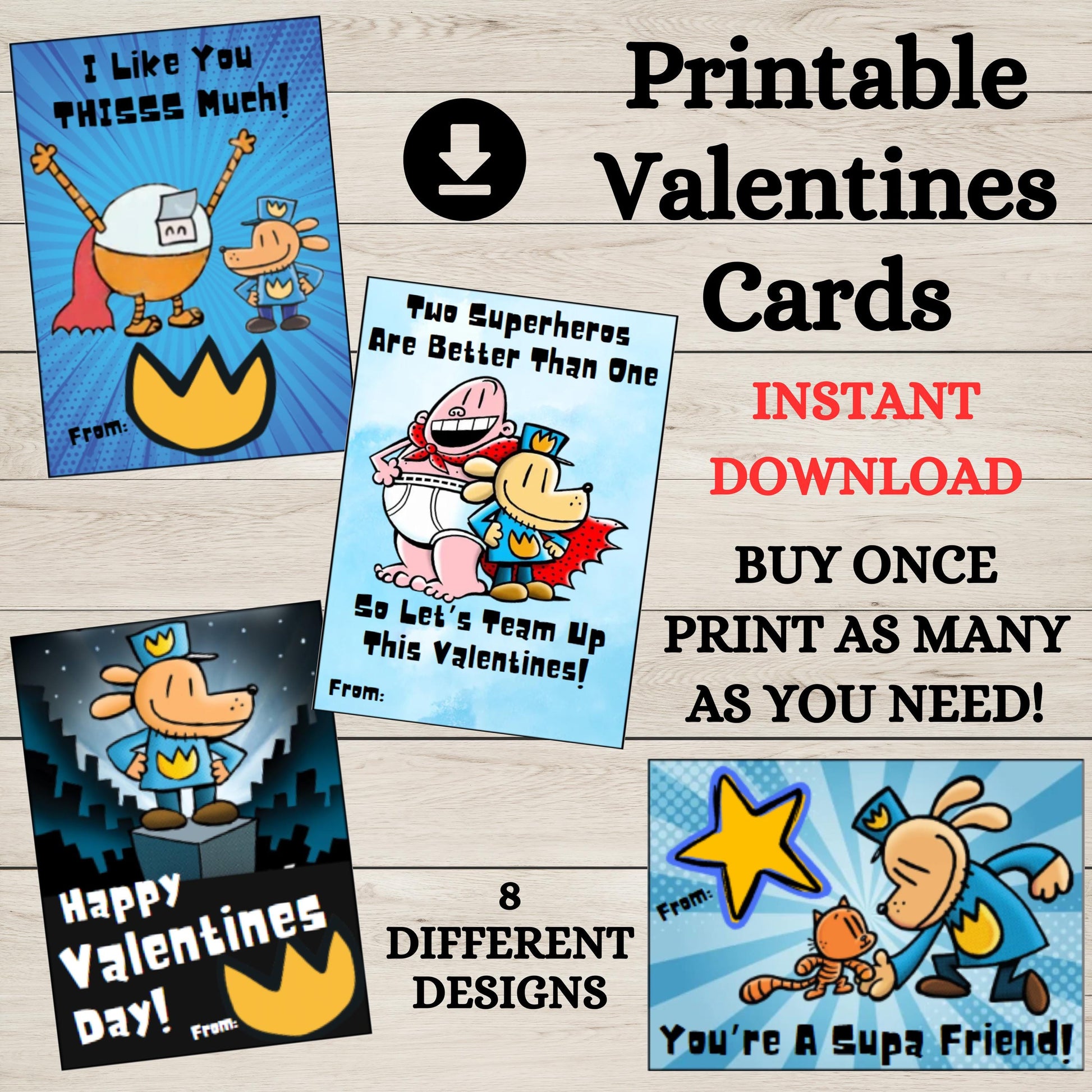 Printable Dog Man Valentines Cards, Dog Man theme Valentines, DIY Dogman Valentine, Instant Download Dogman Class Valentines, Comic Valentine