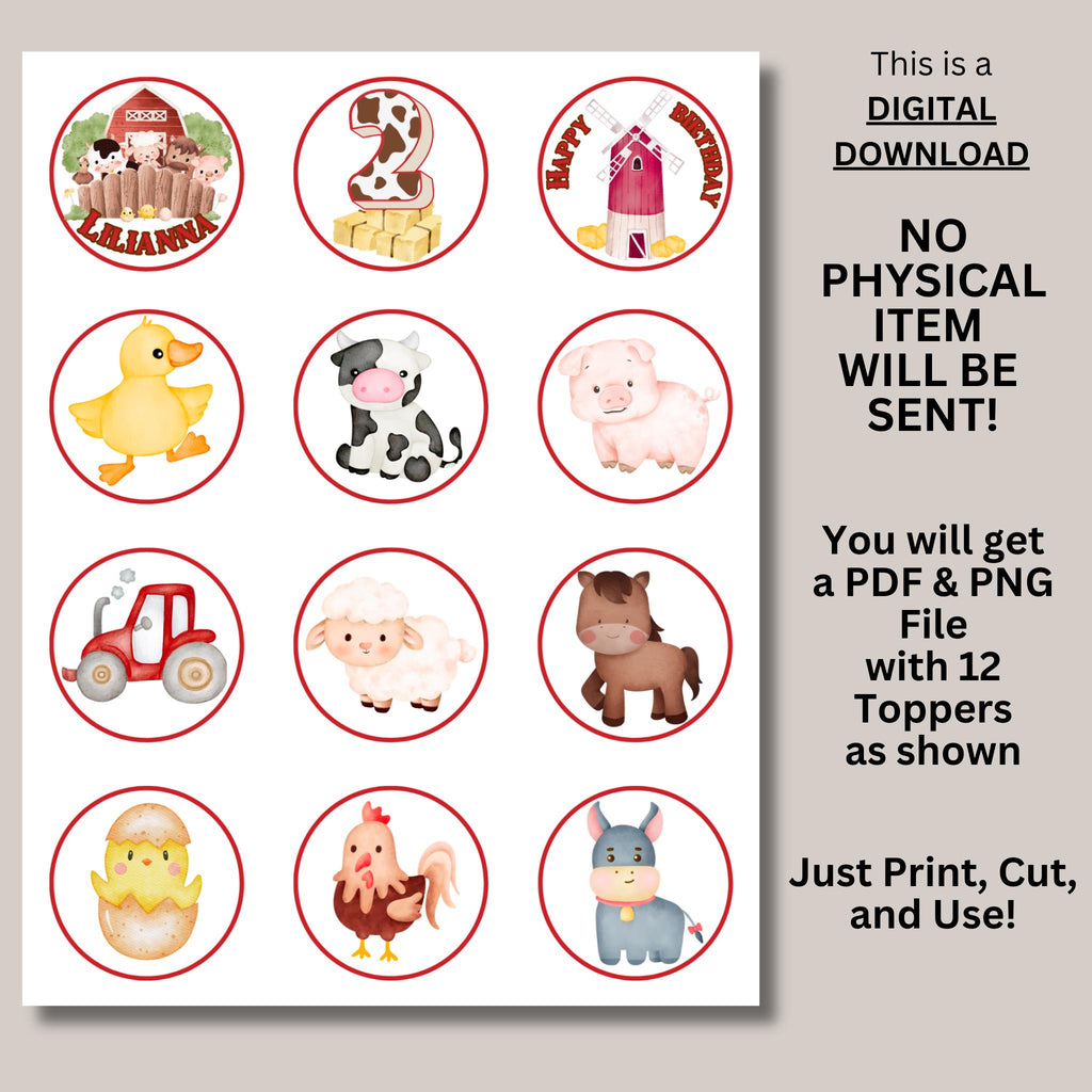 Personalized Farm Animal Cupcake Toppers, Custom Barn Animal Cupcake Toppers, Barnyard Party Decoration