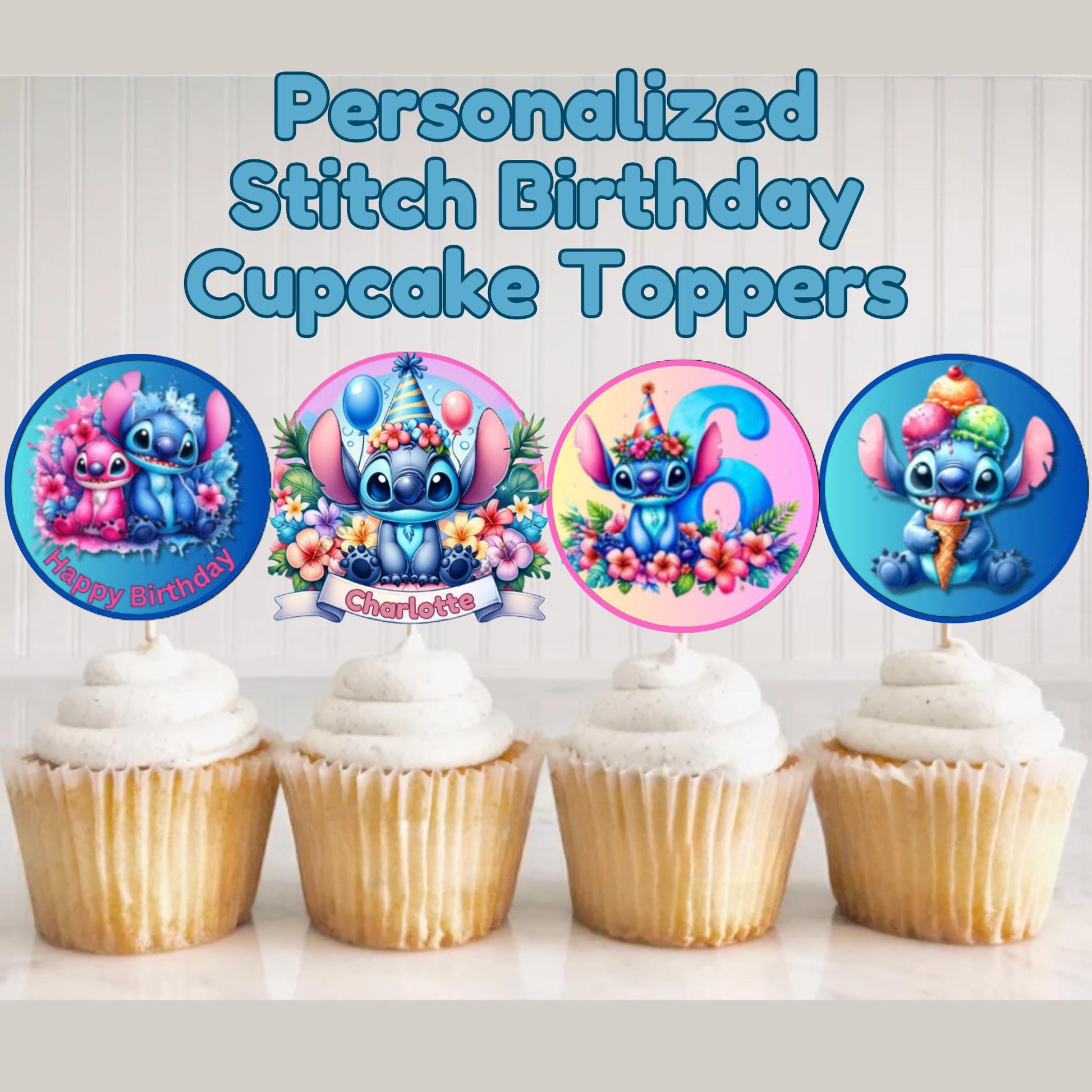 Personalized Stitch Birthday Cupcake Toppers, Lilo & Stitch Cupcake Toppers, Stitch & Angel Cupcake Toppers, Stitch Party Decor, Stitch Birthday