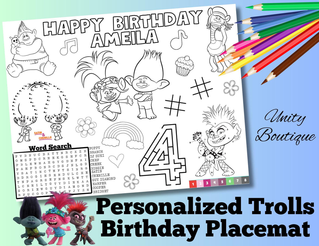 Personalized Trolls Birthday Activity Placemat, Trolls Party Favors, Trolls Bands Together Coloring Page
