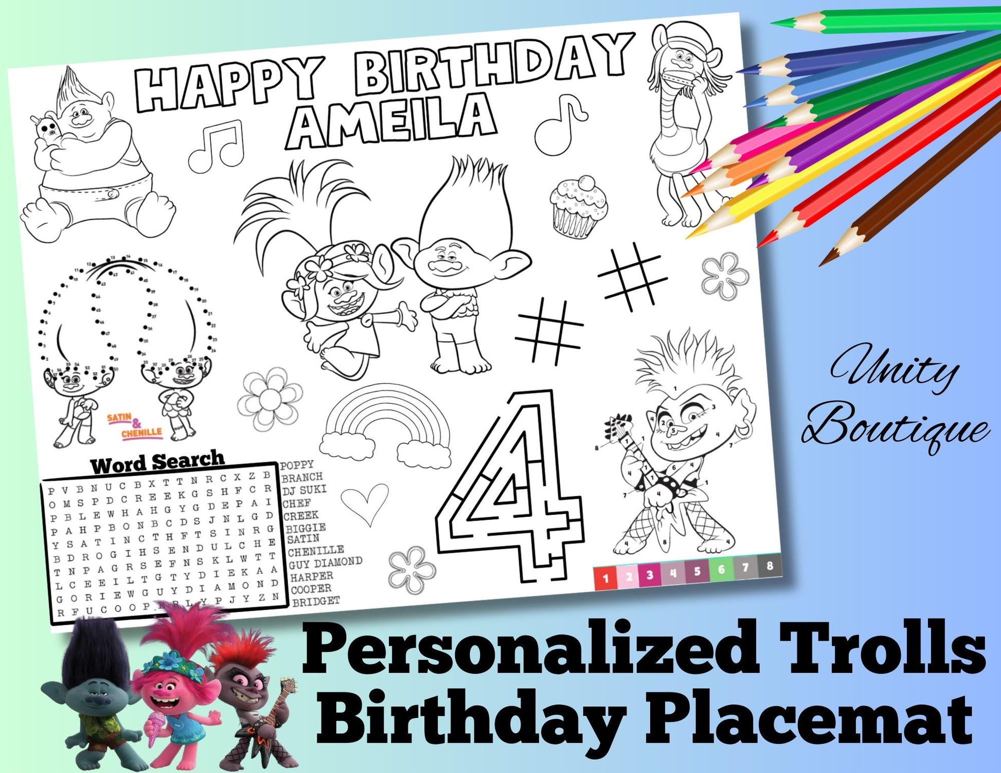 Personalized Trolls Birthday Activity Placemat, Trolls Party Favors, Trolls Bands Together Coloring Page
