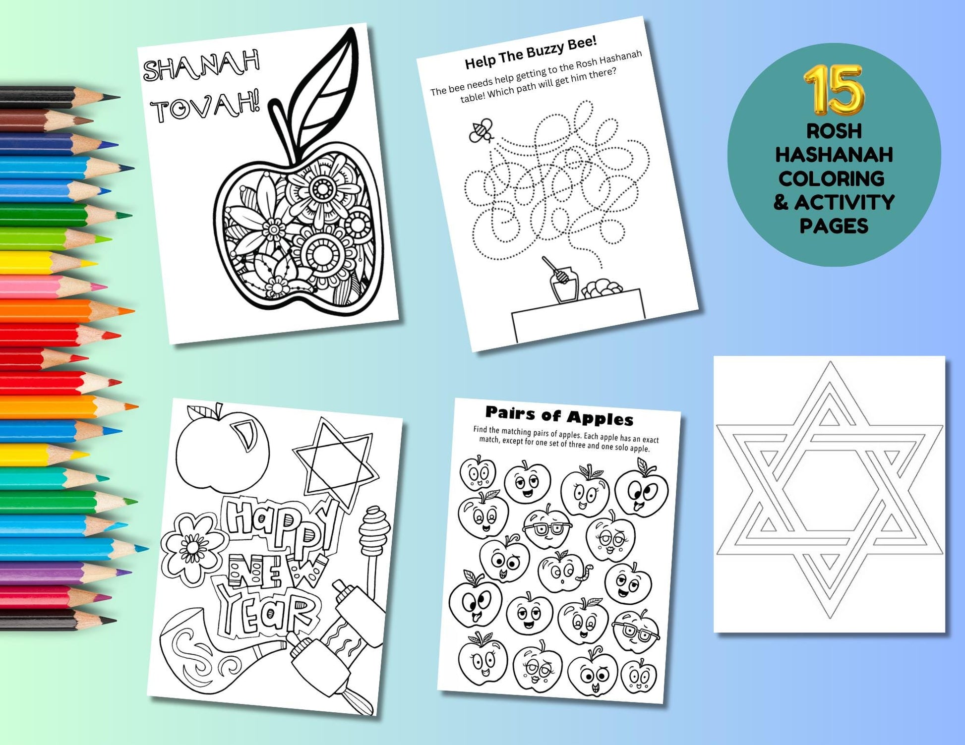15 Rosh Hashanah Coloring Activity Pages For Kids, High Holidays Coloring Pages, Rosh Hashanah Printables, Jewish Holiday Activity Coloring