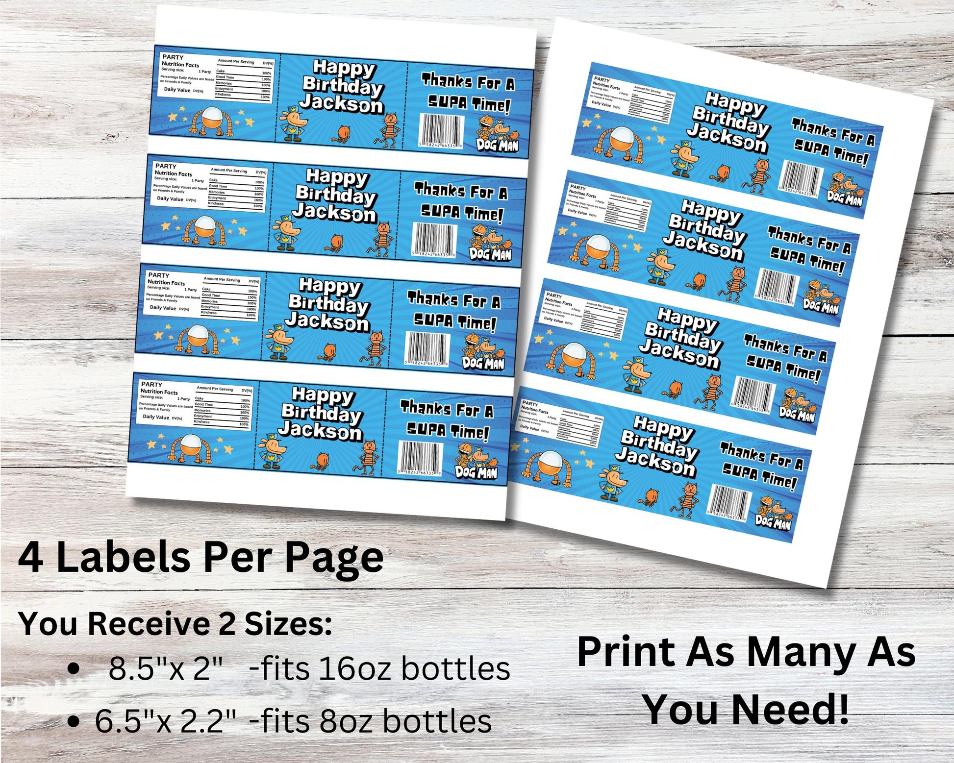 Personalized Dogman Water Bottle Labels, Dogman Birthday Decor, Dogman Stickers, Custom Dogman 16oz 8oz Labels, Dogman Party Favors, Supa