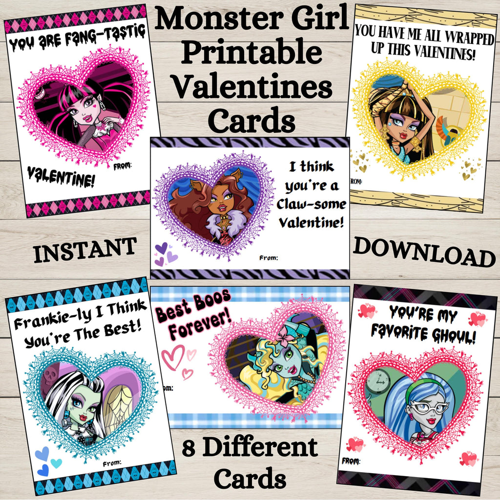 Printable Monster High Valentine Cards, Instant Download Monster High School Valentines, DYI Monster High Classroom Valentines Cards