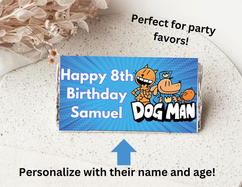 Personalized Dog Man Chocolate Bar Wrapper Labels, Custom Dog Man Chocolate Bar Wrapper, Dog Man Party Favor, Dog Man Party Decor
