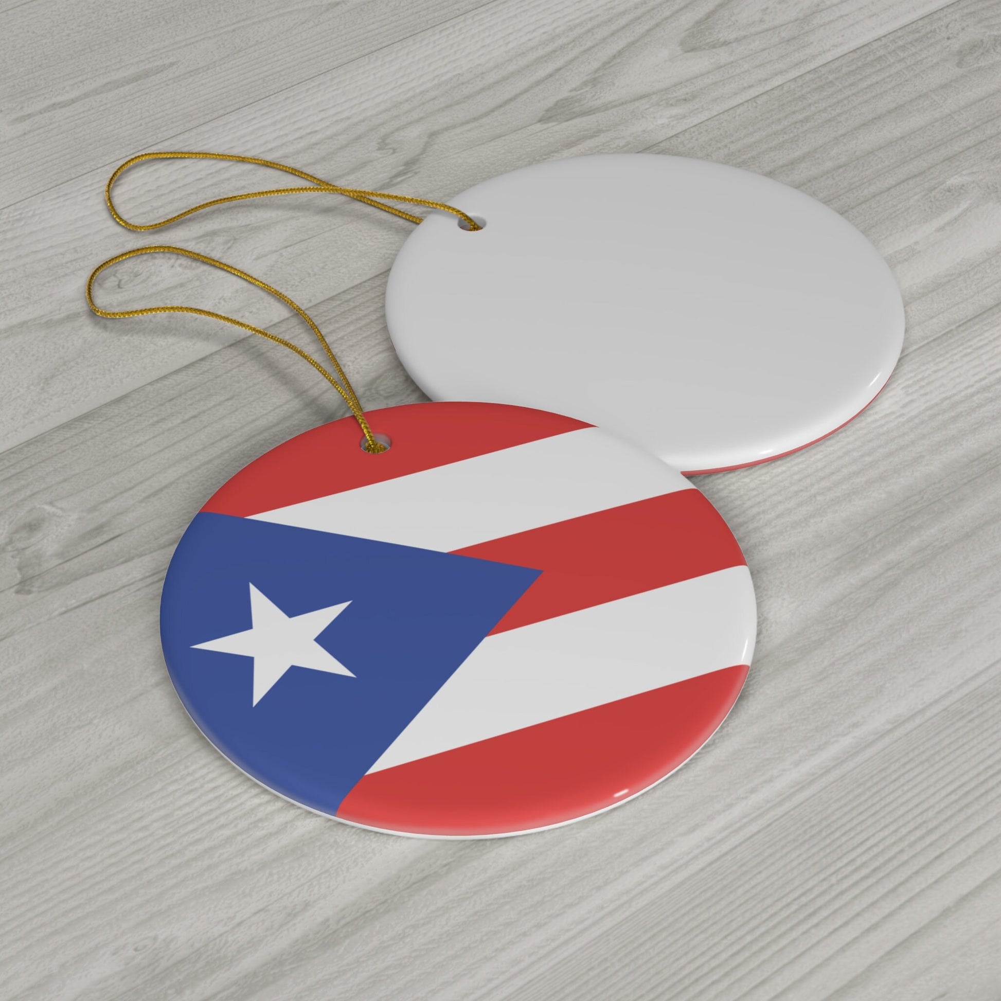 Personalized Puerto Rico Rican Flag Inspired Red Blue White Round Porcelain Ceramic Christmas Ornament Gift Decoration Latina Trip Souvenir