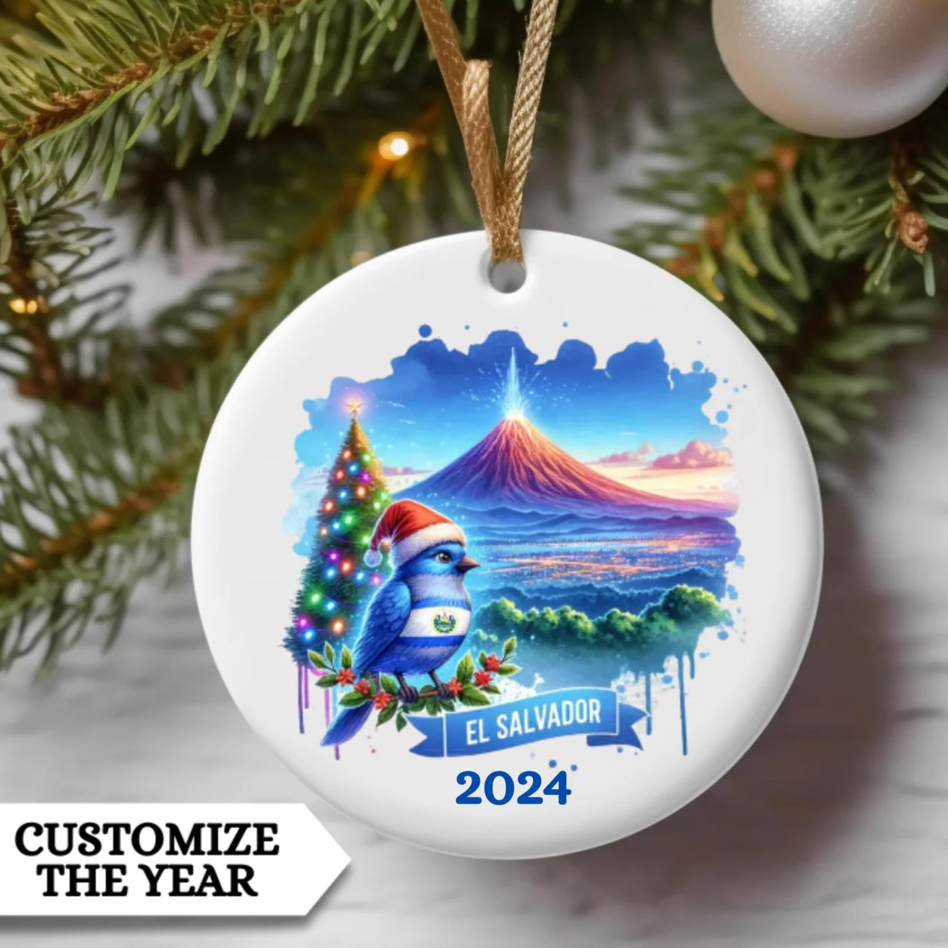 Personalized El Salvador Ornament, El Salvador Christmas Ornament, El Salvador Souvenir, Santa Bird Christmas Ornament, Honeymoon, Travel