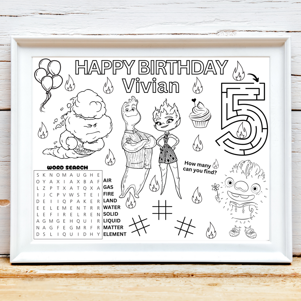 Personalized Elemental Movie Birthday Activity Placemat, Disney Elemental Movie Party Favor
