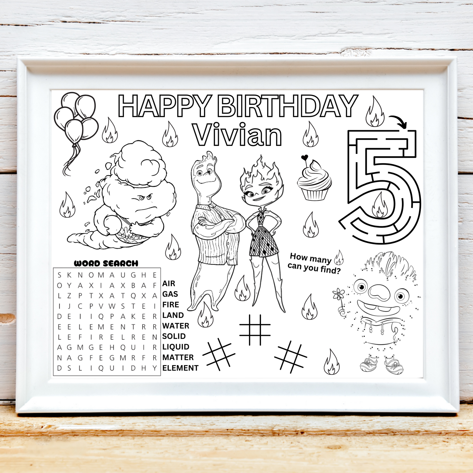 Personalized Elemental Movie Birthday Activity Placemat, Disney Elemental Movie Party Favor