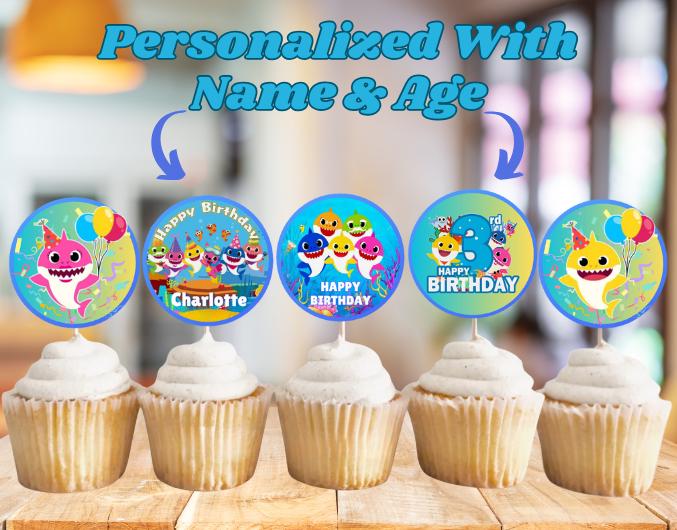 Personalized Baby Shark Birthday Cupcake Toppers,  Custom Baby Shark Party Decoration