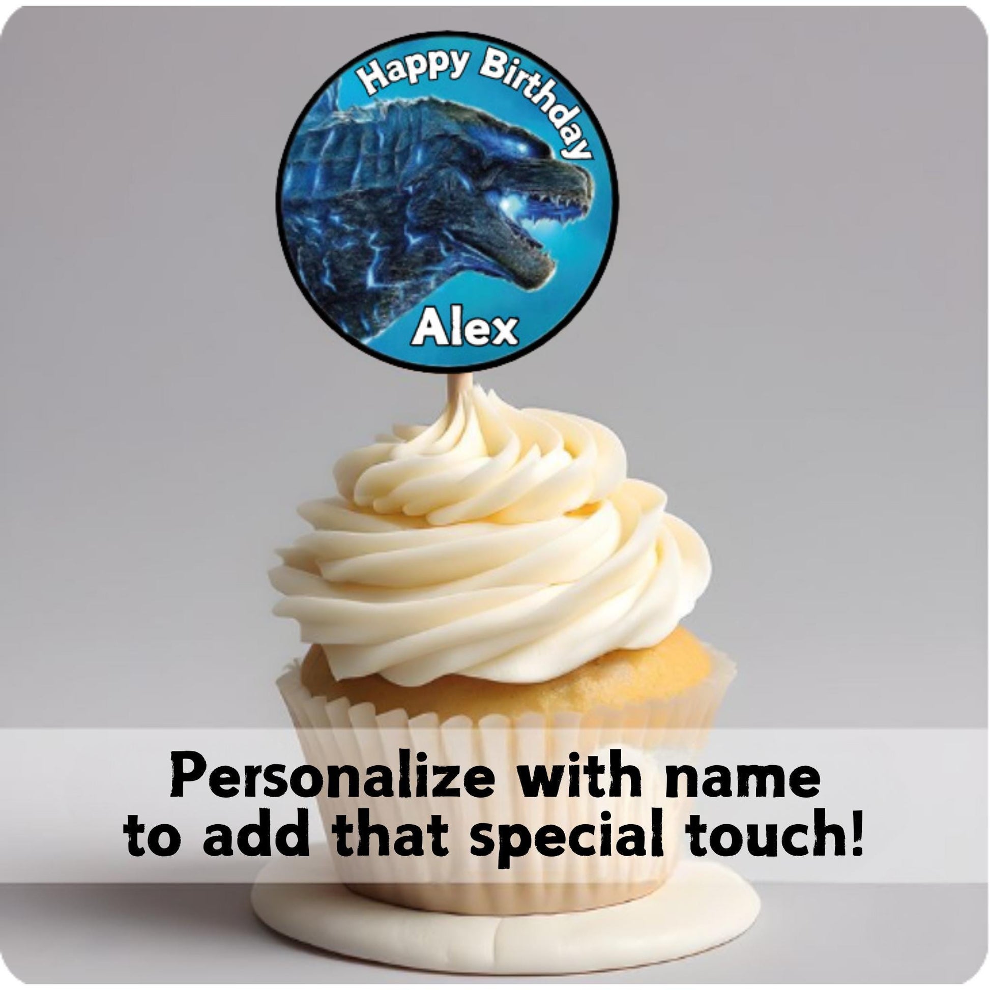 Personalized Godzilla Birthday Cupcake Toppers, Custom Godzilla Party Decor