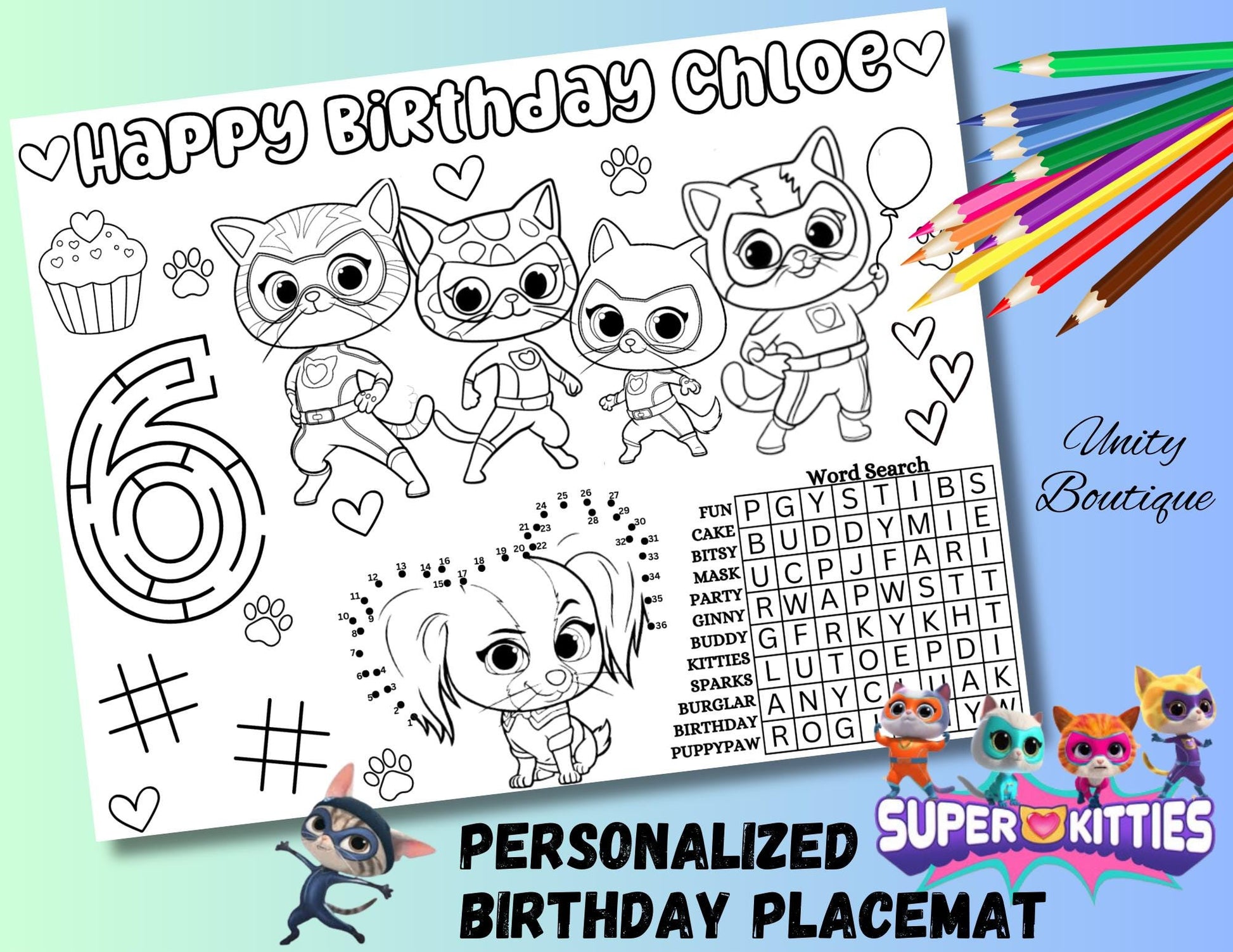 Personalized Super Kitties Birthday Activity Sheet, Custom Super Kitties Superhero Party Favor