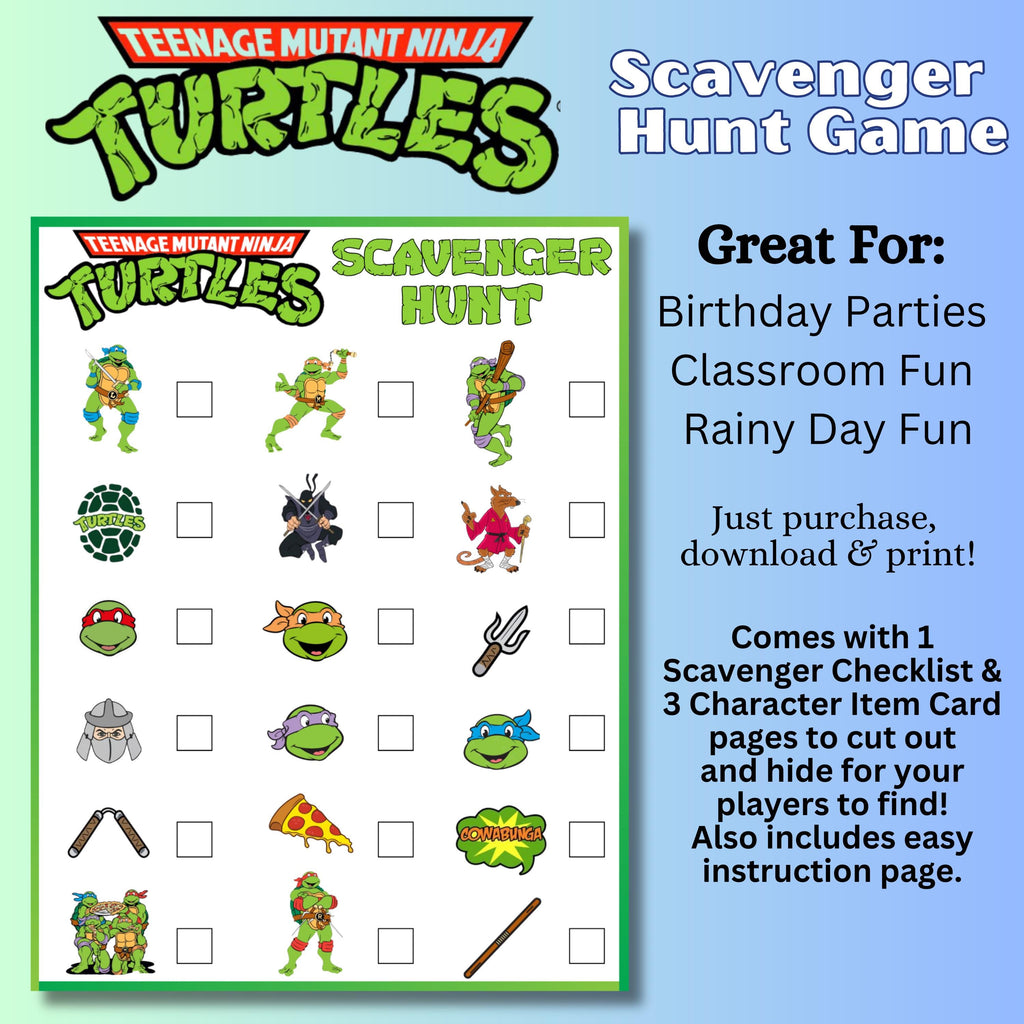 Turtle Cartoon Scavenger Hunt Printable Birthday Game, Pizza Party Game, Anime Turtle Scavenger Hunt, Pizza Turtles Party, Ninja Party