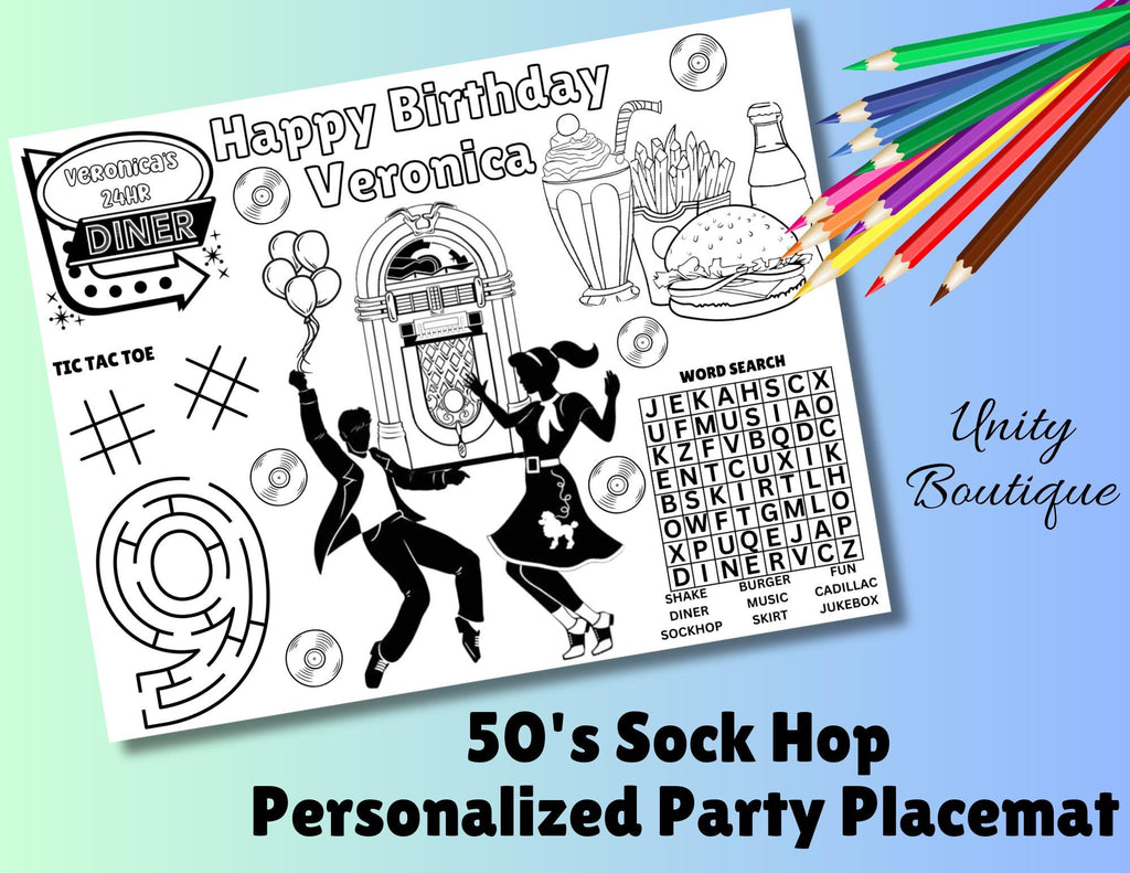 Personalized Retro 50's Diner Themed Birthday Placemat, Sock Hop 1950's Themed Coloring Page