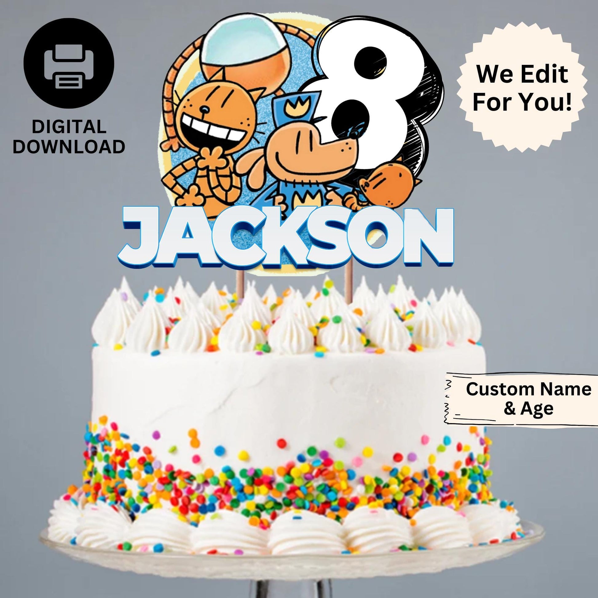 Personalized Dog Man Birthday Cake Topper, Custom Dog Man Superhero Party Decoration