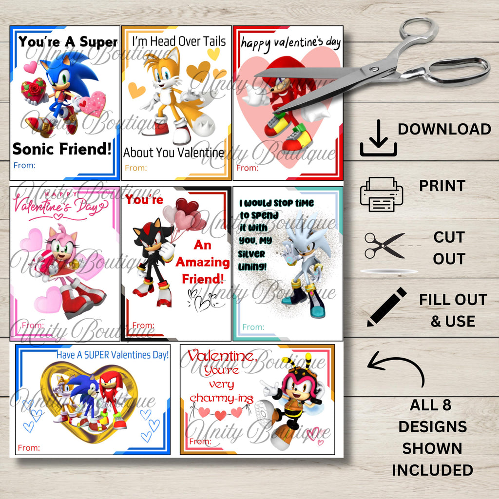 Printable Sonic Valentine Cards, Instant Download Valentines Day Card Bundle, Hedgehog Classroom Valentines, Sonic Kids valentine cards