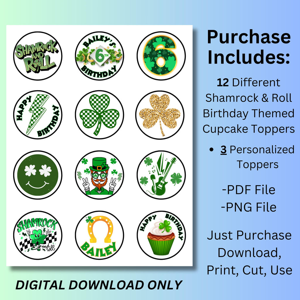 Personalized Shamrock & Roll Birthday Cupcake Toppers, St. Patricks Birthday Toppers, One Rad Lad Party, Lucky One Party Decor, Clover Favor