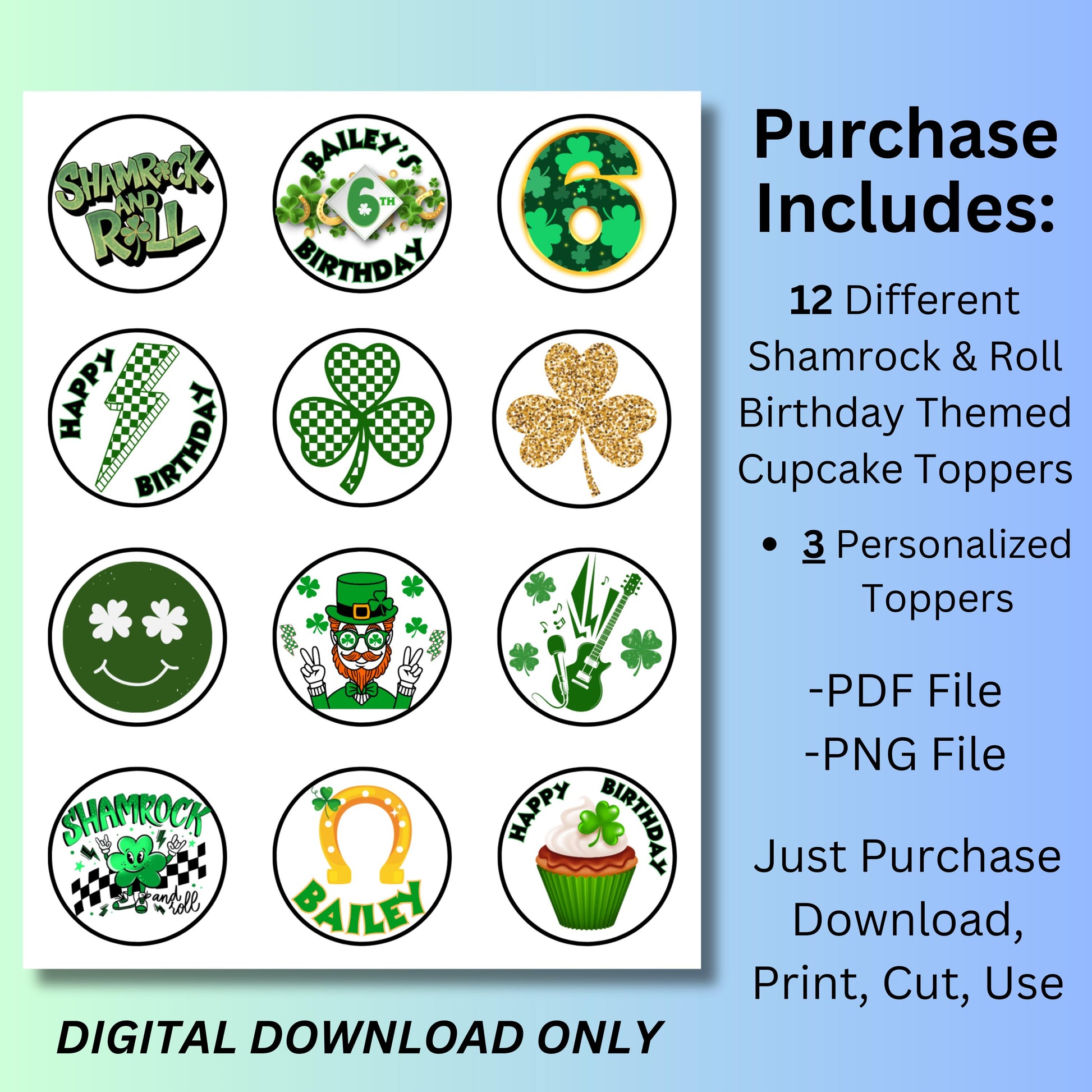Personalized Shamrock & Roll Birthday Cupcake Toppers, St. Patricks Birthday Toppers, One Rad Lad Party, Lucky One Party Decor, Clover Favor