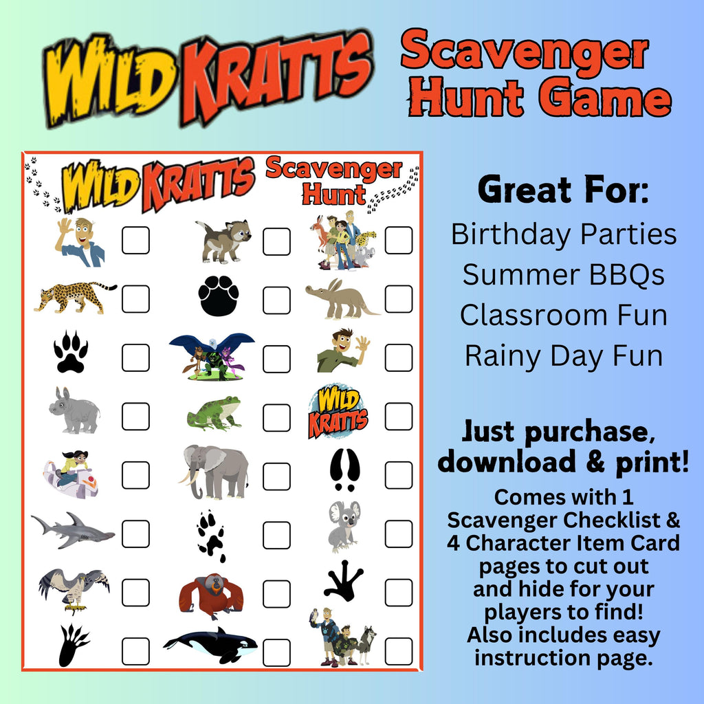 Wild Kratts Scavenger Hunt Game, Wild Kratts Birthday Party, Wild Kratts Creature Power Disks, Animal Scavenger Hunt, Animal Adventure Party