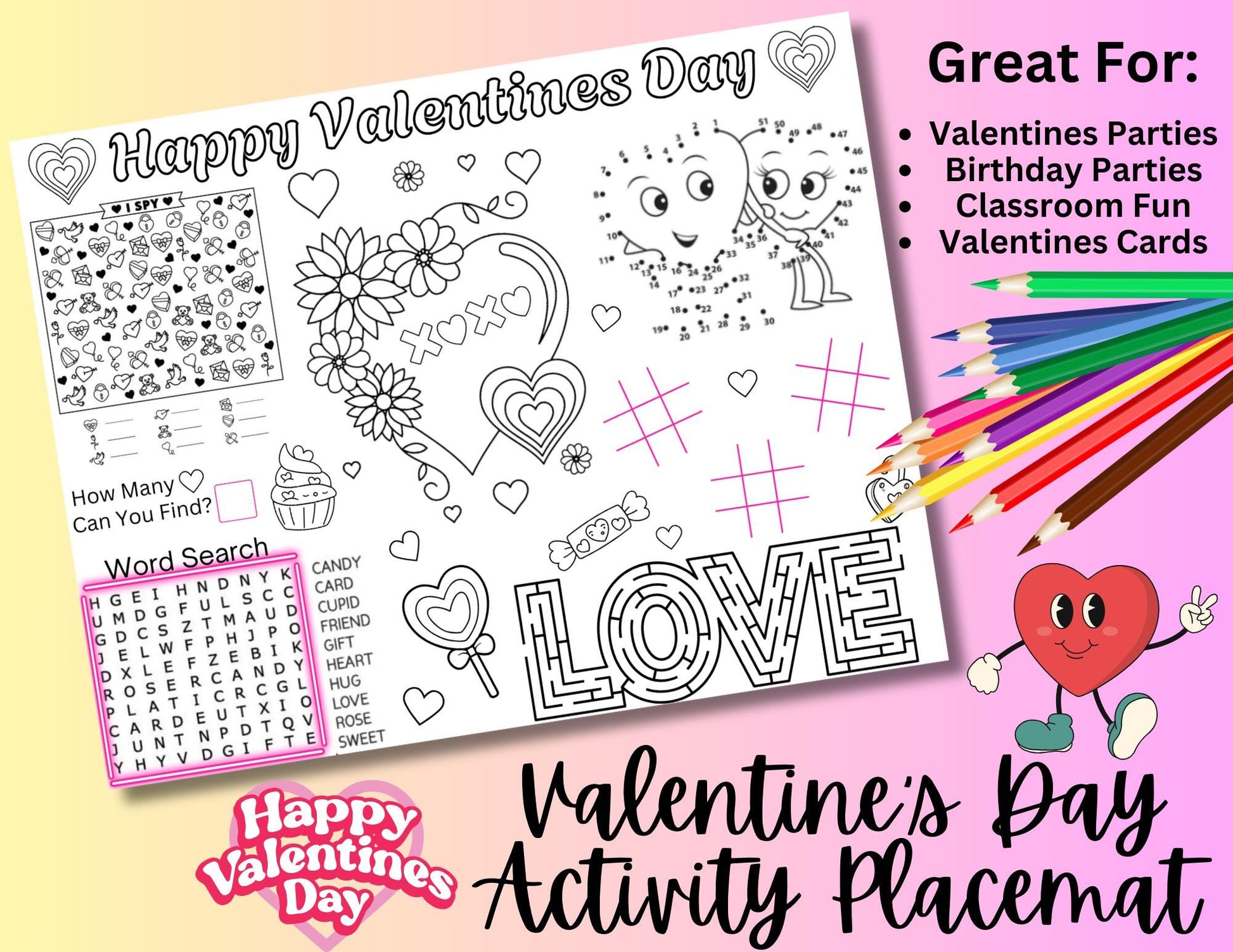 Valentine's Activity Placemat, Valentine's Day Party Favor