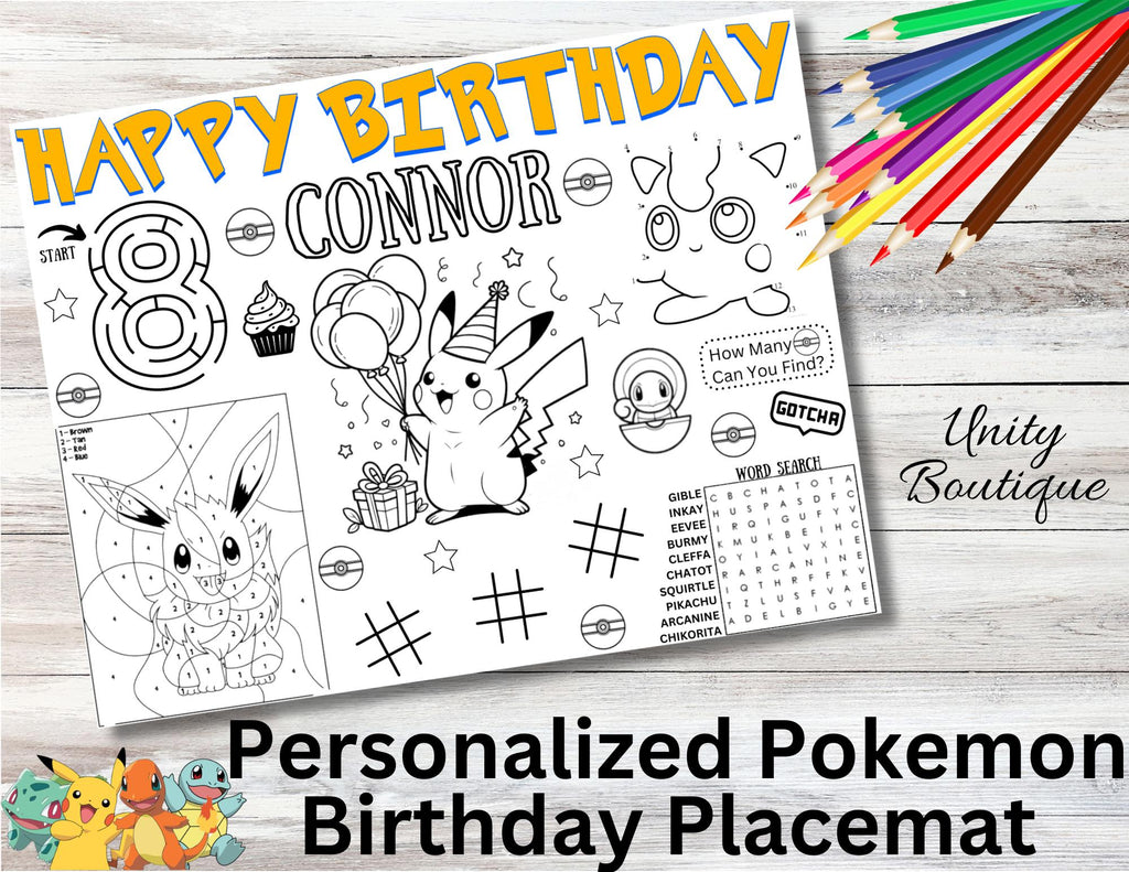 Personalized Pokemon Birthday Activity Placemat, Custom Pokemon Party Favor
