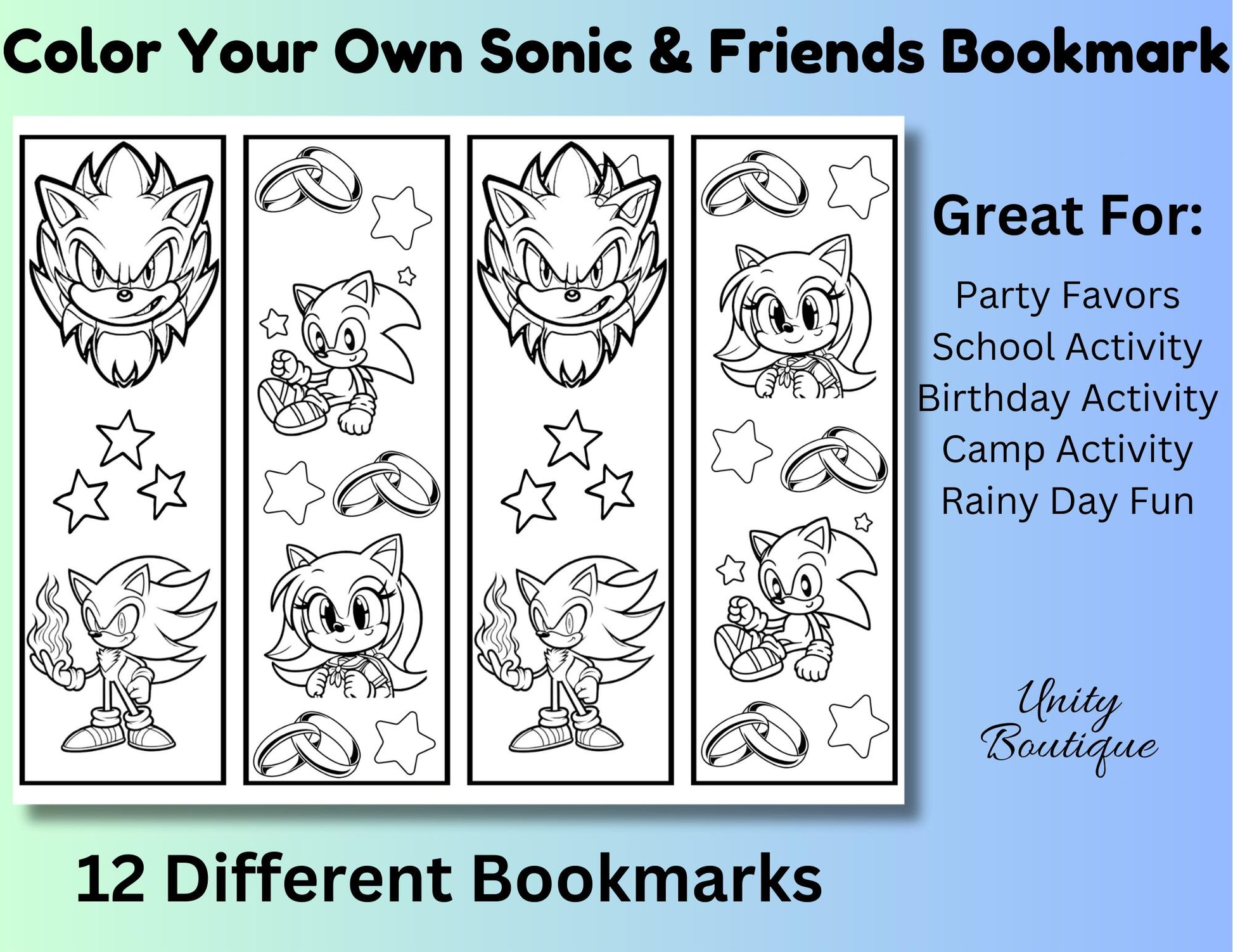 Printable Sonic Color Your Own Bookmarks, Sonic Party Favors, Hedgehog Bookmark Coloring Pages For Kids, Instant Download DIY Kids Activity