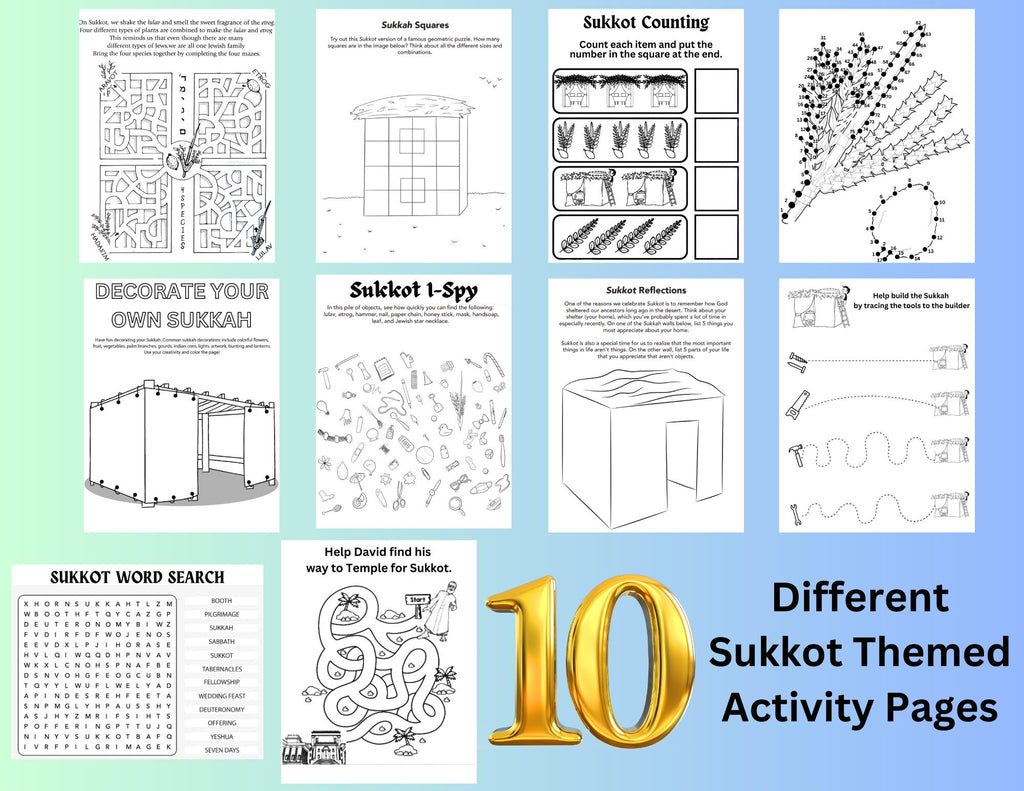 20 Sukkot Coloring Activity Pages, Jewish Holiday Learning, Jewish Activity Book, High Holidays Coloring Page, Sukkot Printable, Sukkot Kids