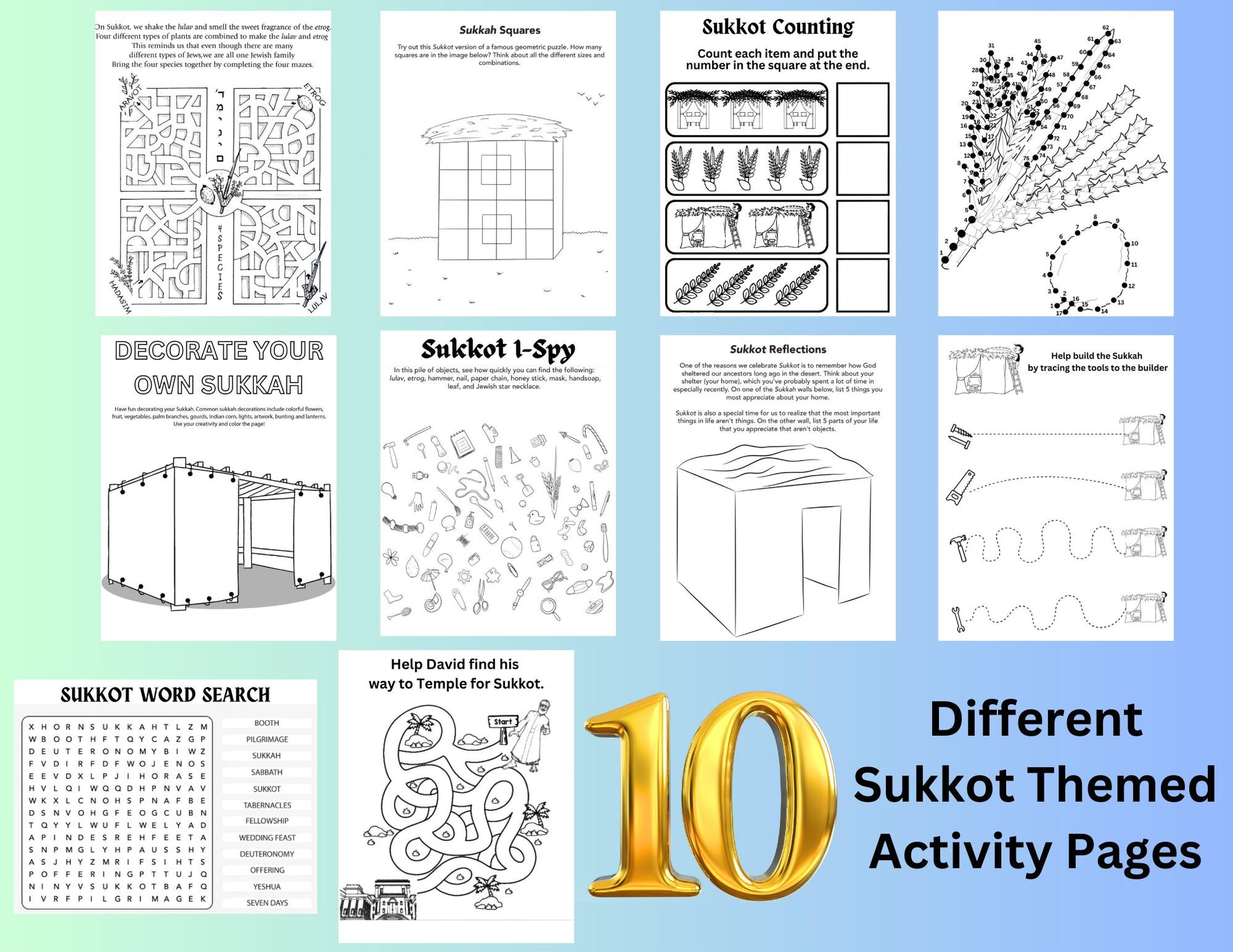20 Sukkot Coloring Activity Pages, Jewish Holiday Learning, Jewish Activity Book, High Holidays Coloring Page, Sukkot Printable, Sukkot Kids