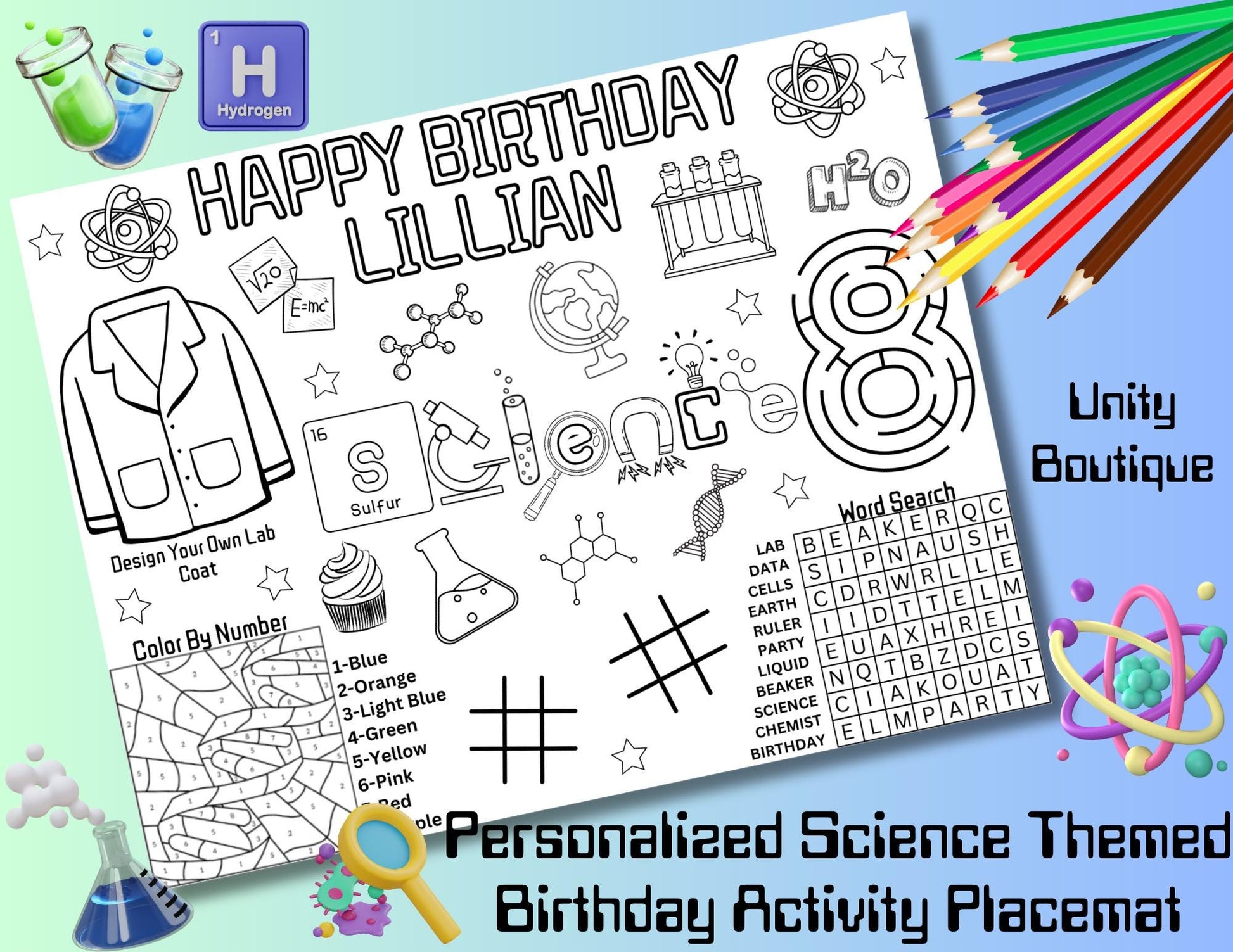 Personalized Science Theme Birthday Activity Placemat, Science Party Favor, Science Lab Party Decor