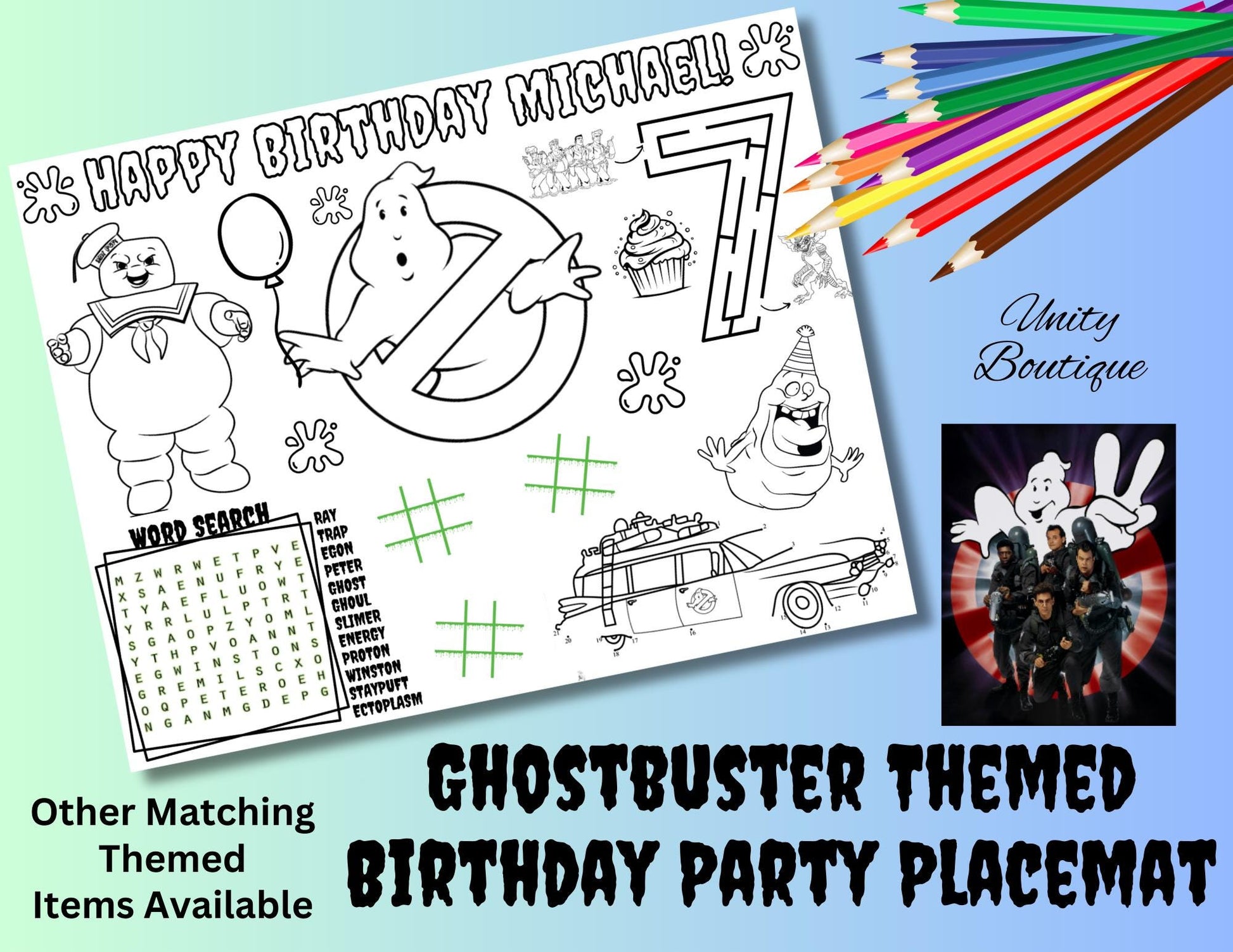 Personalized GhostBusters Birthday Activity Placemat, Custom Ghostbuster Party Favor
