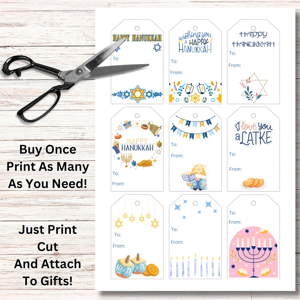 Happy Hanukkah Gift Tag Printable, Set of 18, Menorah Chanukah Tag, Dreidel Tag, Hanukkah Present, Hanukkah Gift Labels, Hanukkah Wrapping