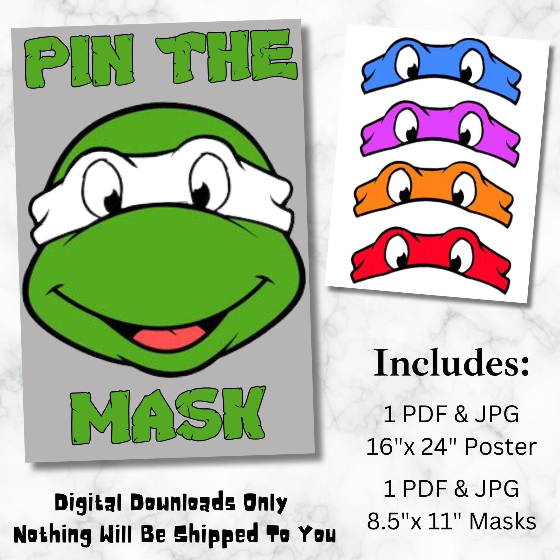 Printable Turtle Pin The Mask Birthday Game, Anime Turtle Party Game, Pin the Mask on Turtle Instant Download, Pizza Turtle Party Game