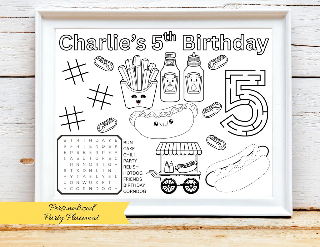PERSONALIZED Hotdog Birthday Party Activity Placemat, One Hot Diggity Dog, Picnic BBQ Favor, Hot Dog Theme Party Games, Hotdog Coloring Page