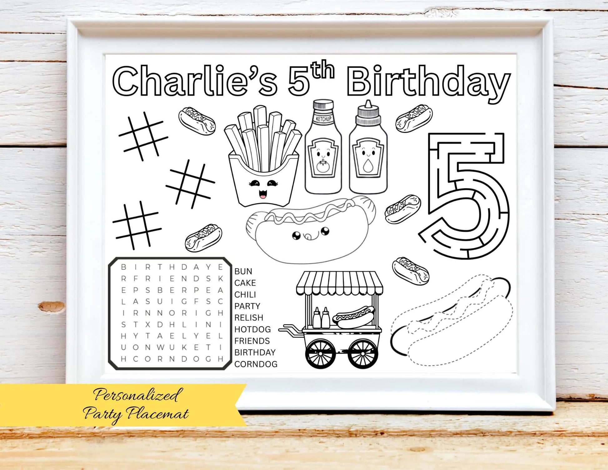 PERSONALIZED Hotdog Birthday Party Activity Placemat, One Hot Diggity Dog, Picnic BBQ Favor, Hot Dog Theme Party Games, Hotdog Coloring Page